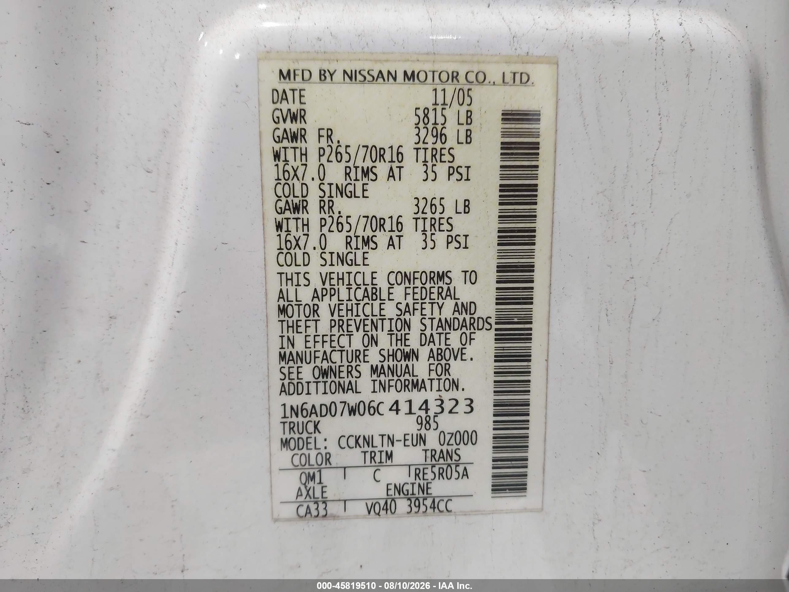 2006 Nissan Frontier Se White vin: 1N6AD07W06C414323