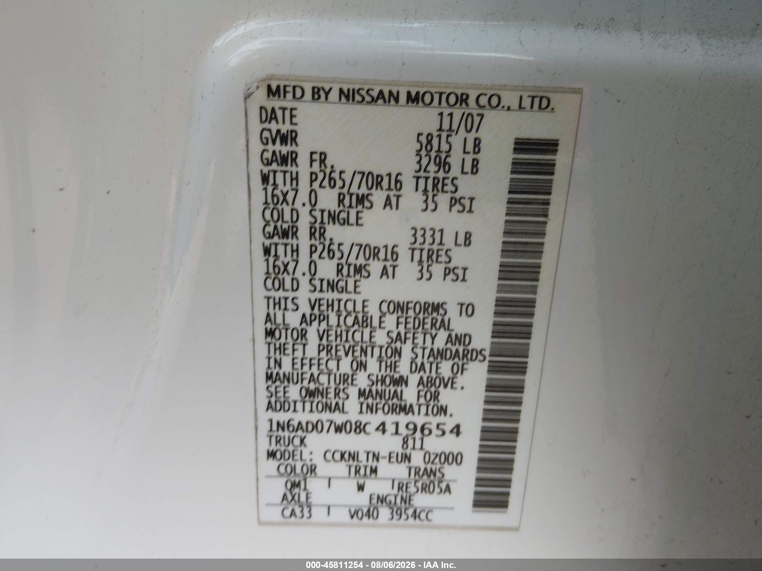 2008 Nissan Frontier Se Белый vin: 1N6AD07W08C419654