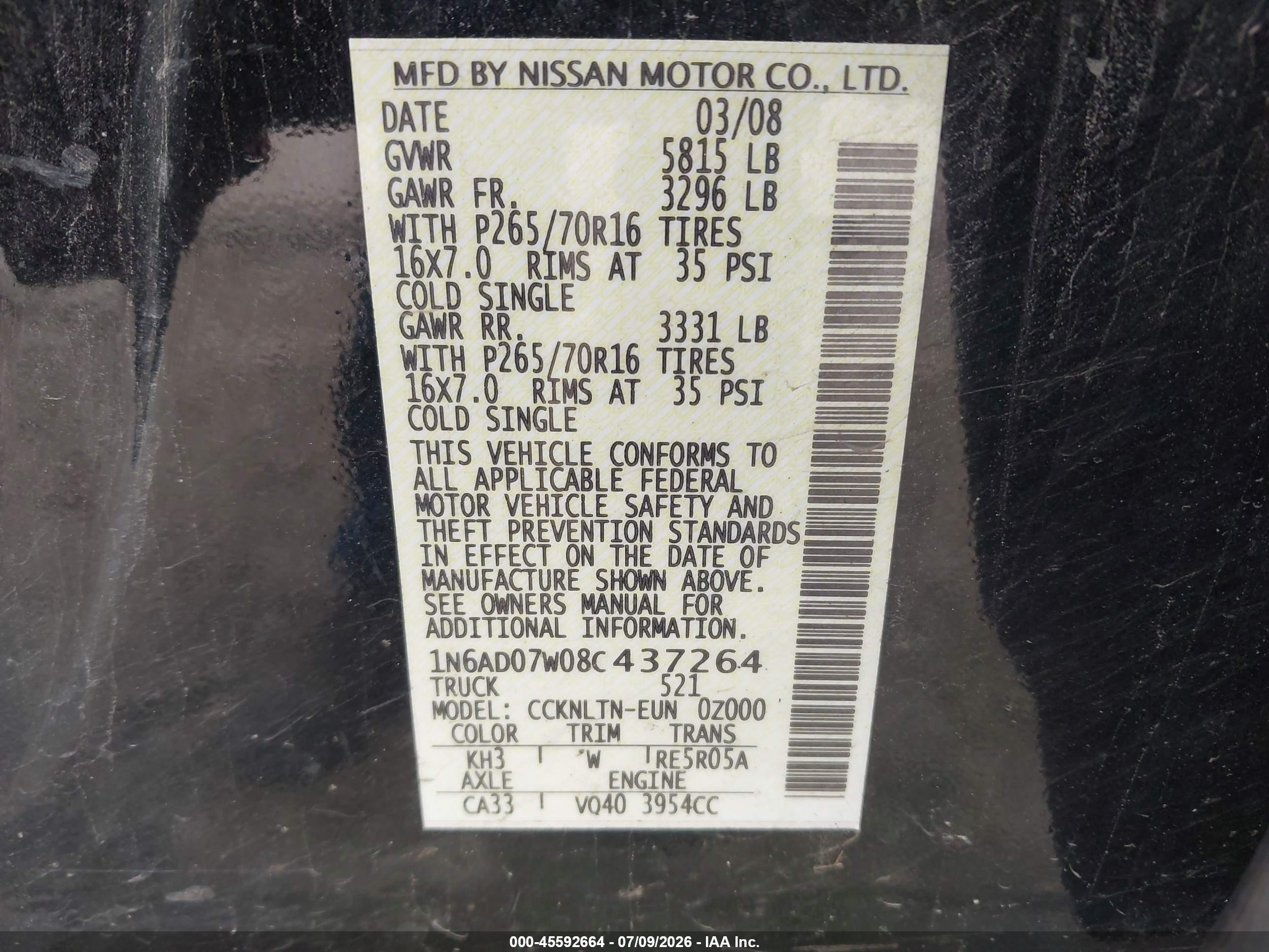 2008 Nissan Frontier Se Black vin: 1N6AD07W08C437264