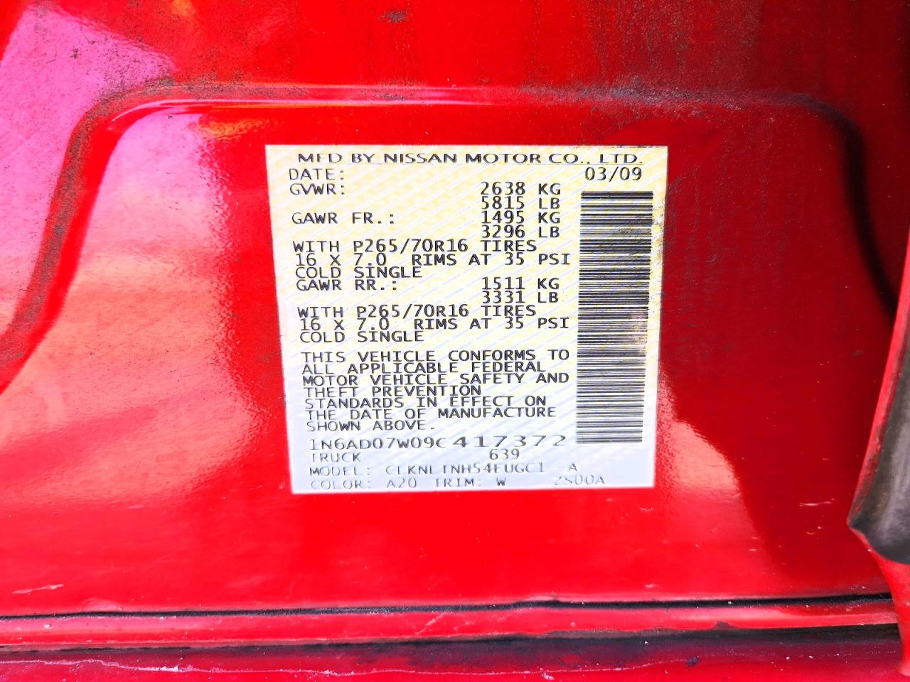 2009 Nissan Frontier Crew Cab Se Red vin: 1N6AD07W09C417372