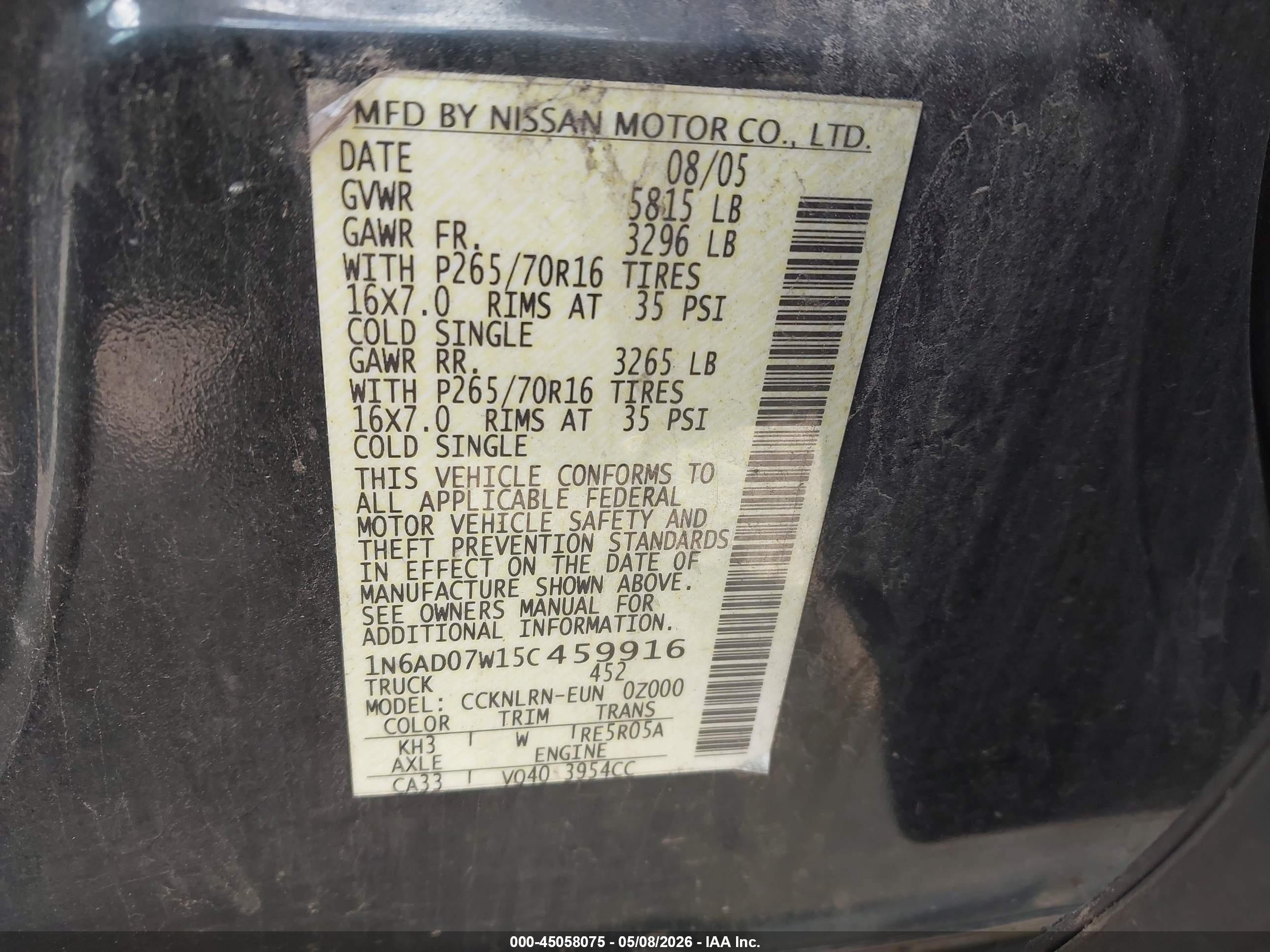 2005 Nissan Frontier Se Black vin: 1N6AD07W15C459916