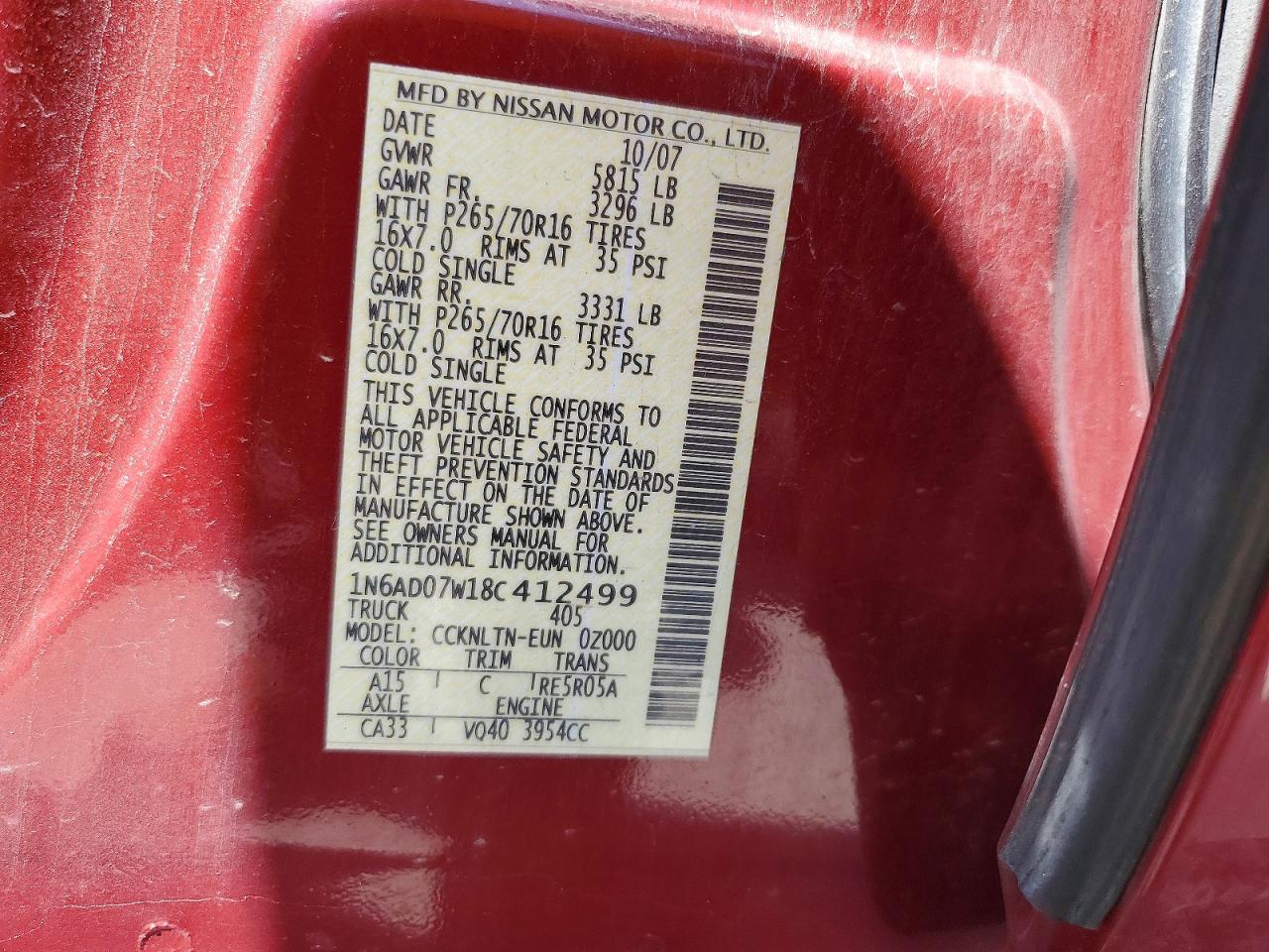 2008 Nissan Frontier Se V6 Red vin: 1N6AD07W18C412499
