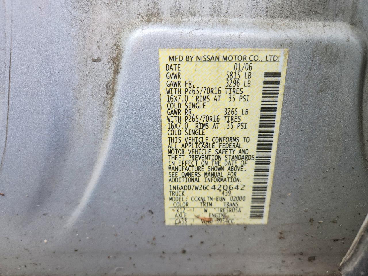 2006 Nissan Frontier Se Silver vin: 1N6AD07W26C420642