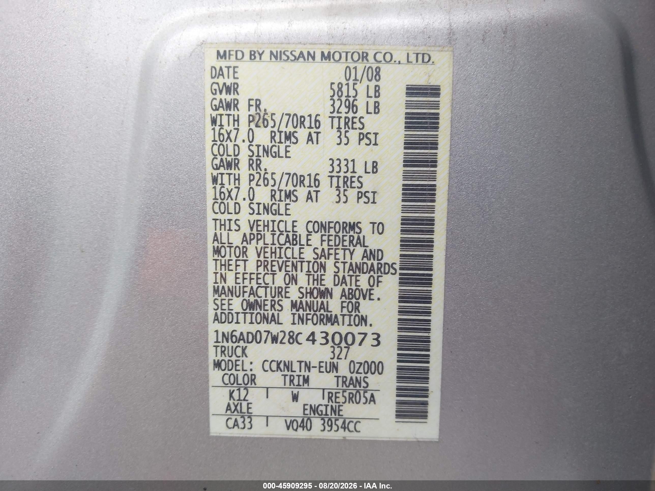 2008 Nissan Frontier Se Silver vin: 1N6AD07W28C430073