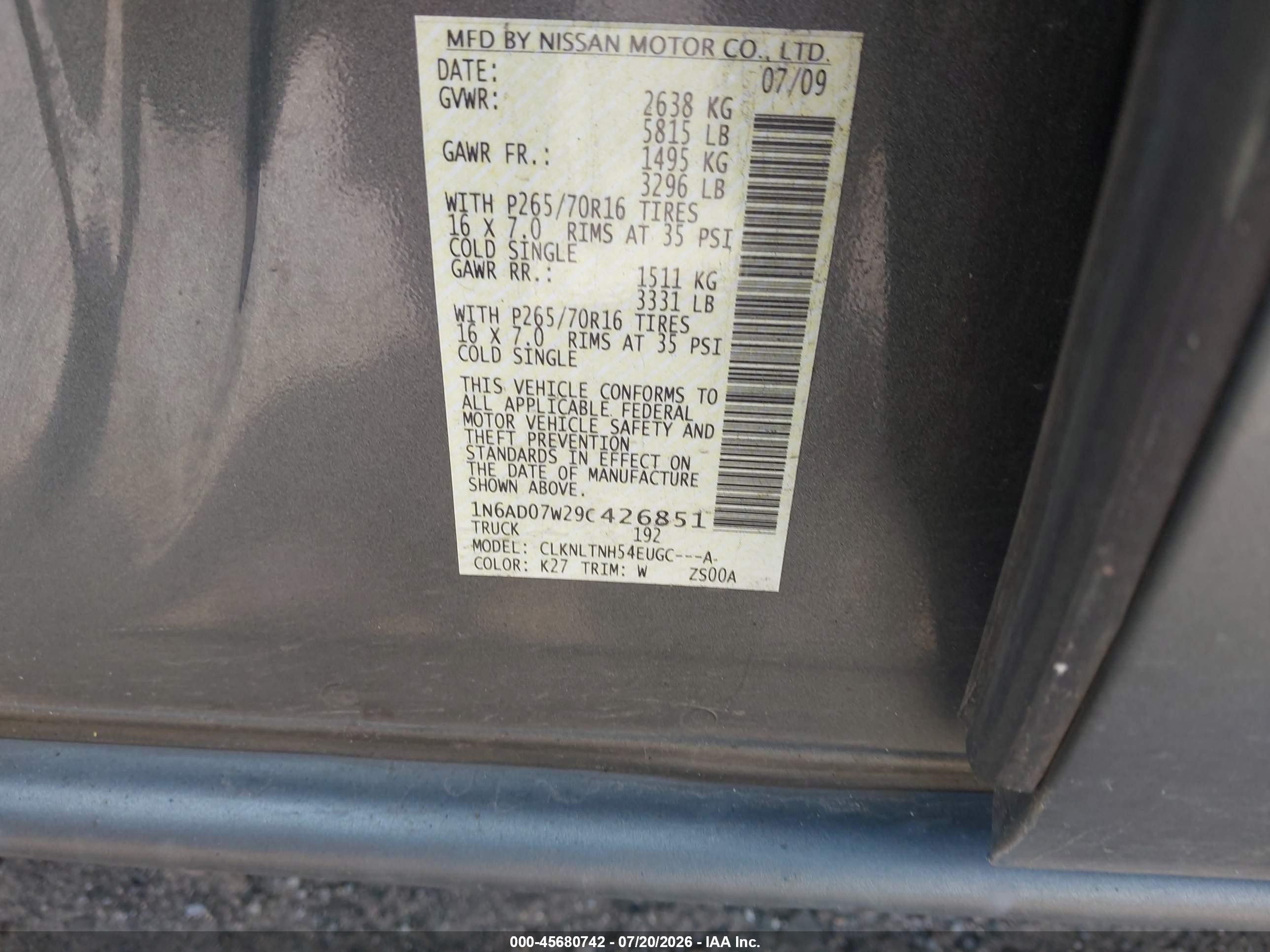 2009 Nissan Frontier Se Gray vin: 1N6AD07W29C426851