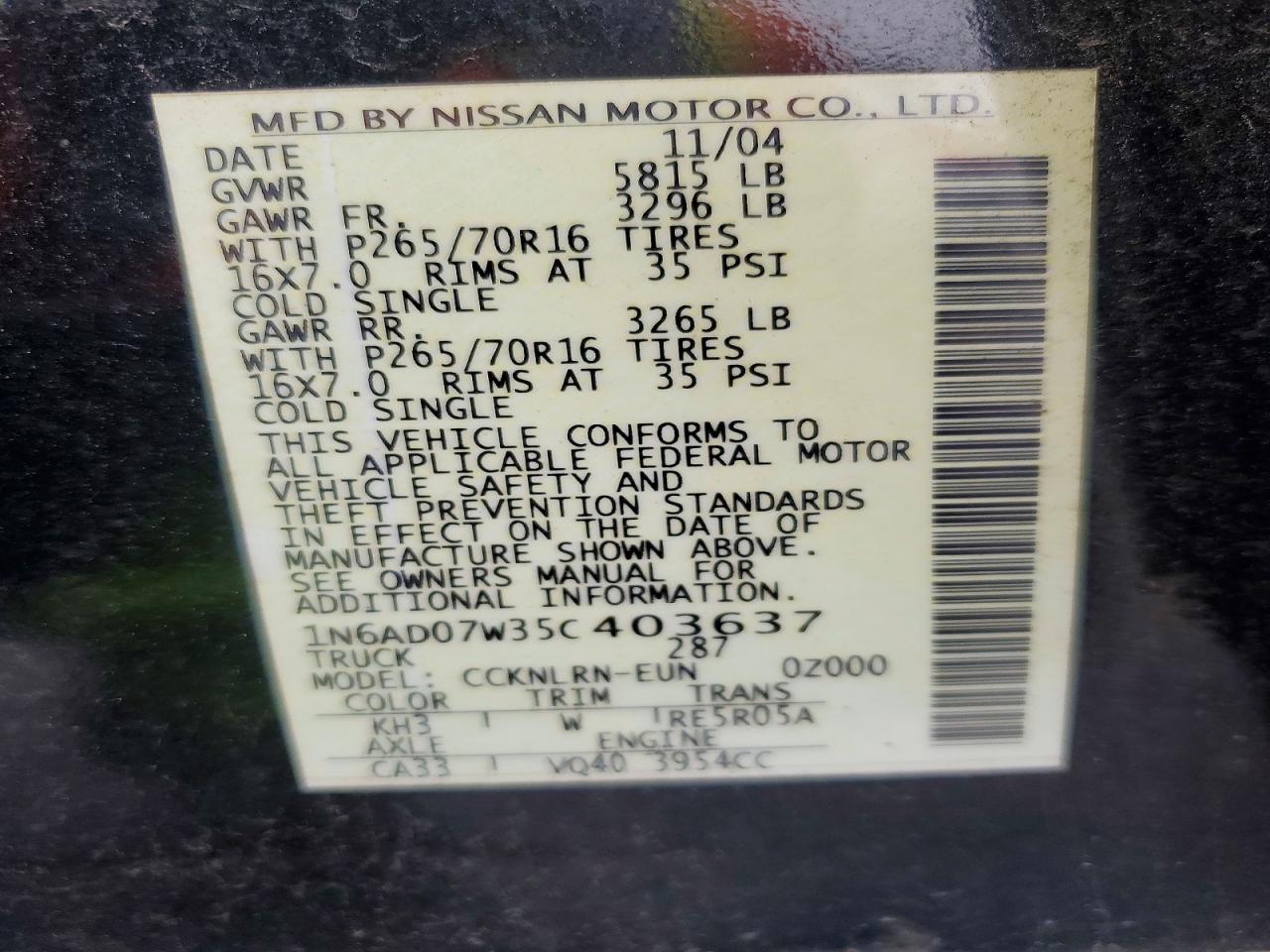 2006 Niss Frontier Black vin: 1N6AD07W35C403637