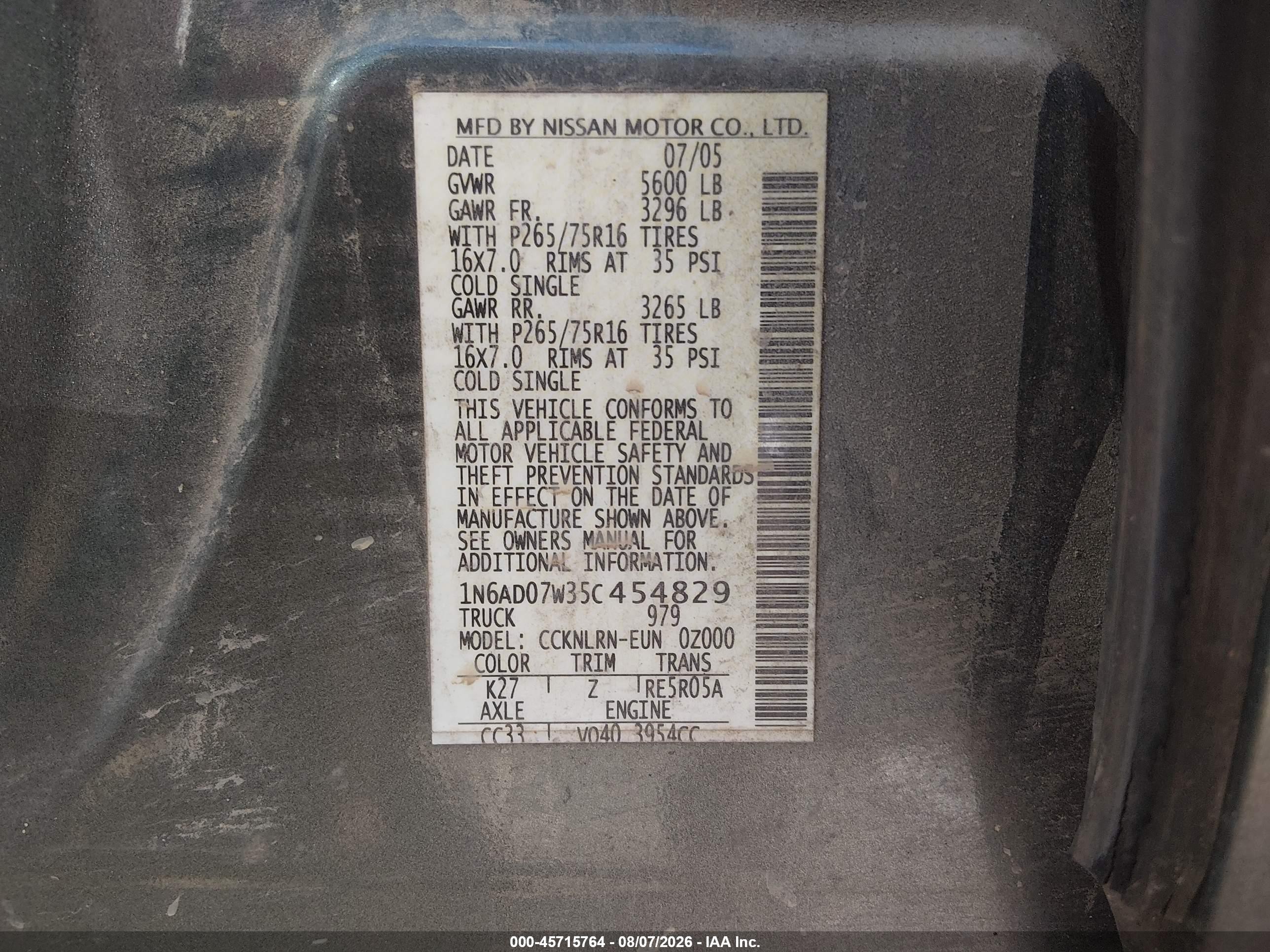 2005 Nissan Frontier Nismo Off Road Gray vin: 1N6AD07W35C454829