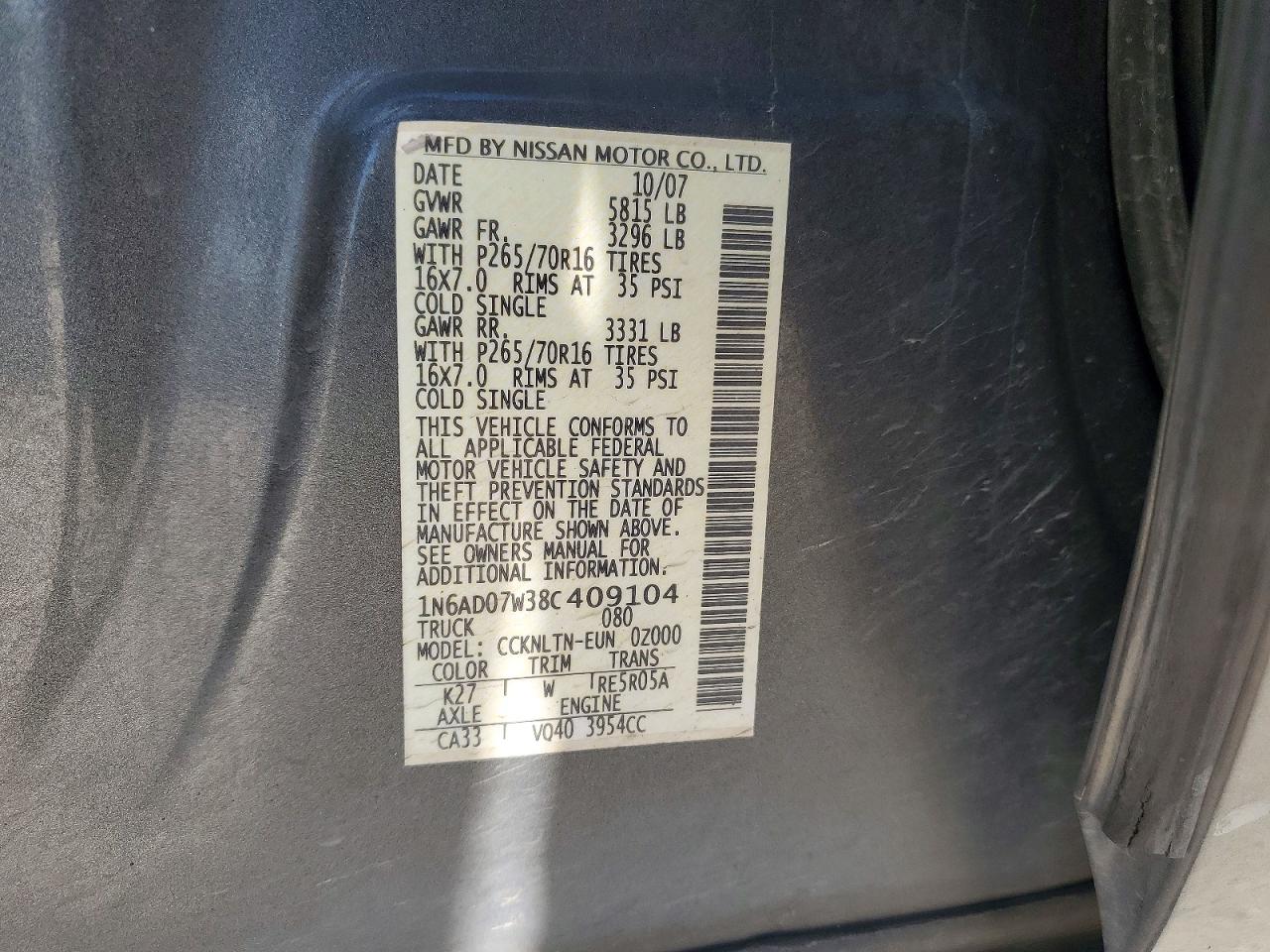 2008 Nissan Frontier Se V6 Gray vin: 1N6AD07W38C409104