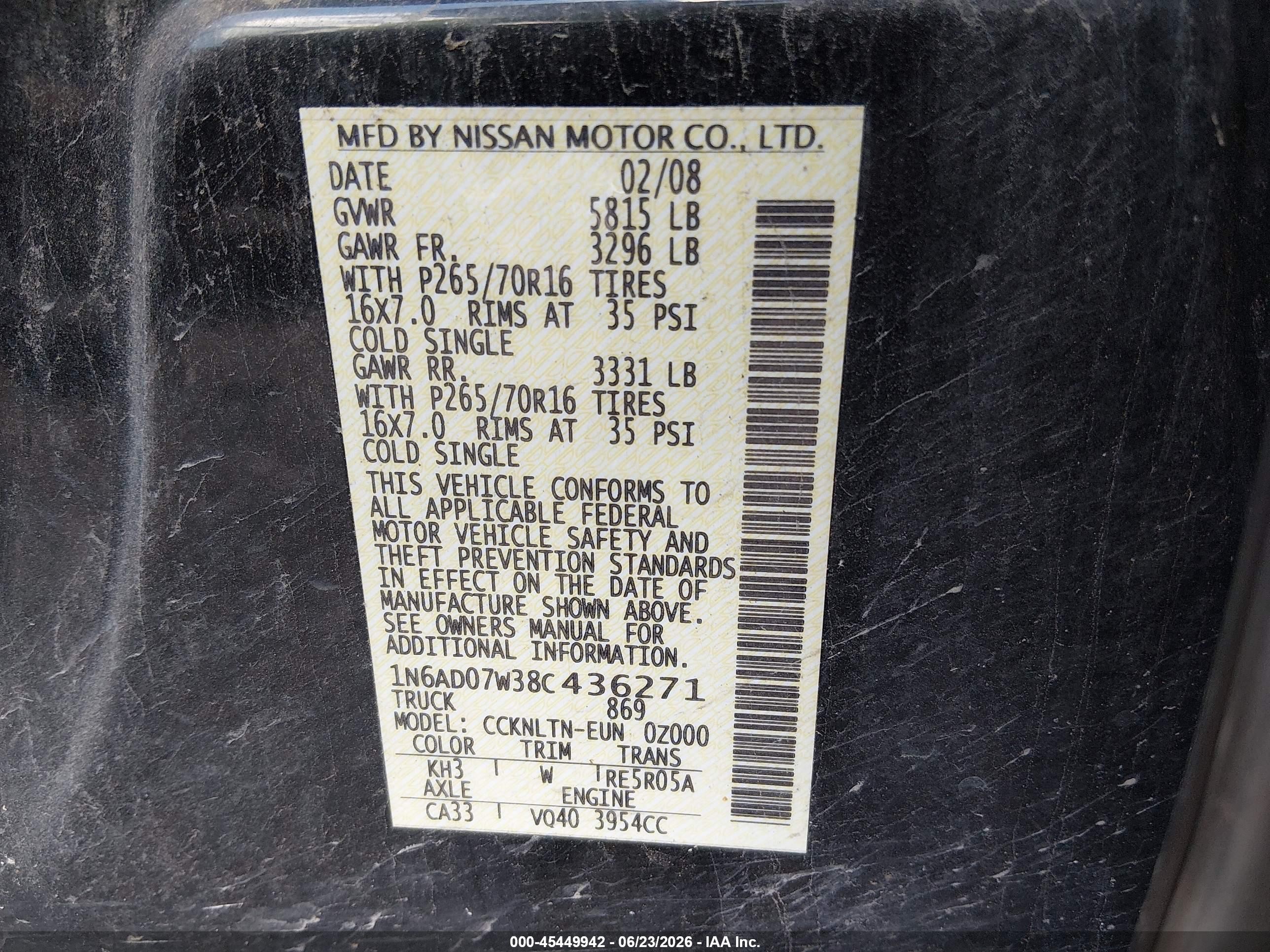 2008 Nissan Frontier Se Black vin: 1N6AD07W38C436271