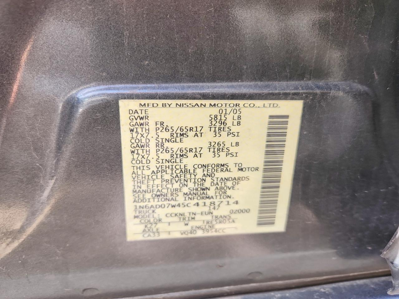 2005 Nissan Frontier Se Gray vin: 1N6AD07W45C418714
