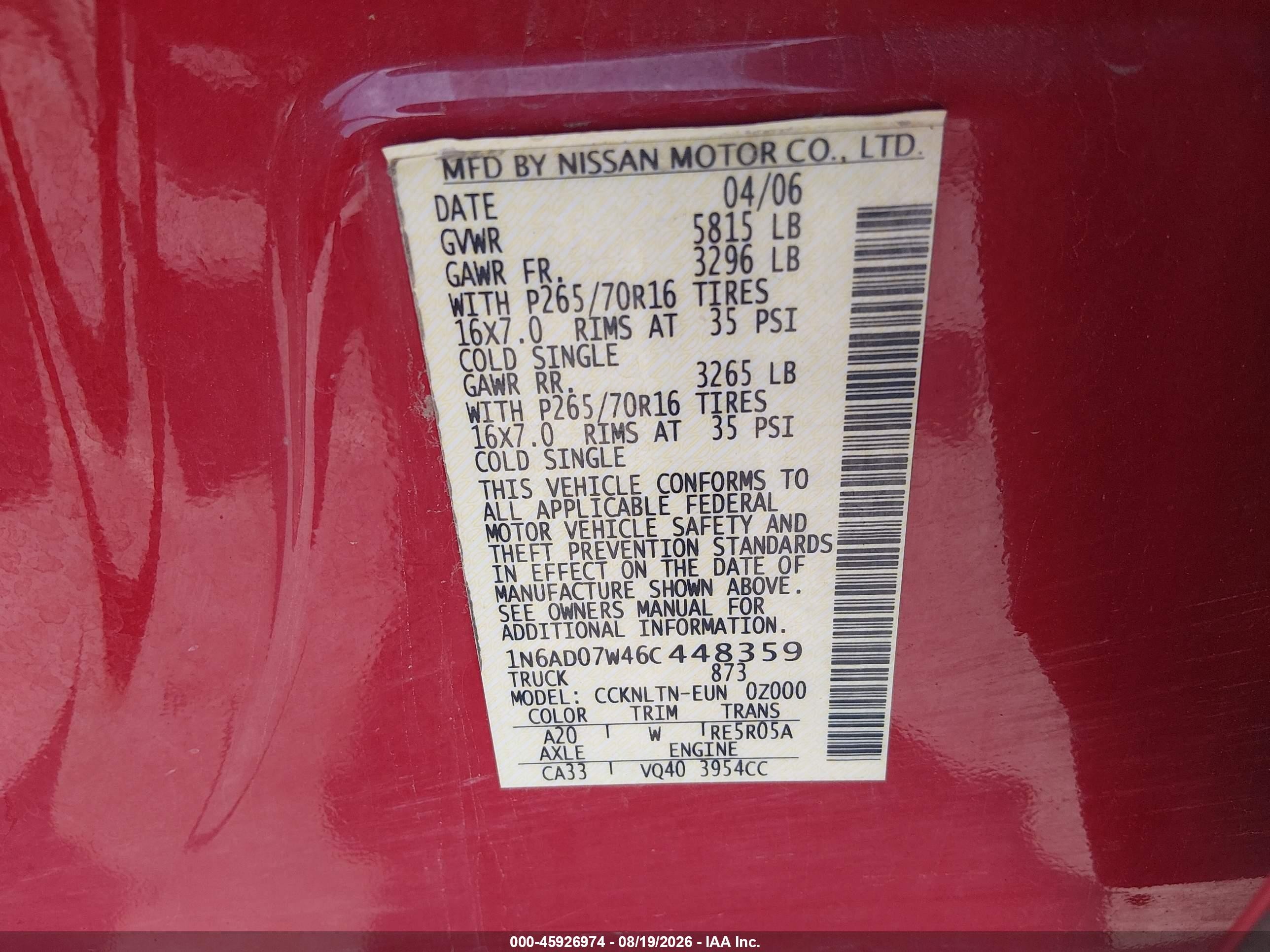 2006 Nissan Frontier Se Red vin: 1N6AD07W46C448359