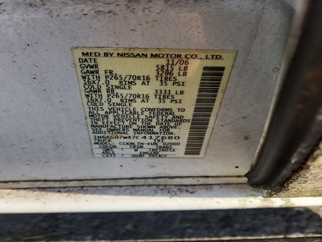 2007 Nissan Frontier Se White vin: 1N6AD07W47C417680