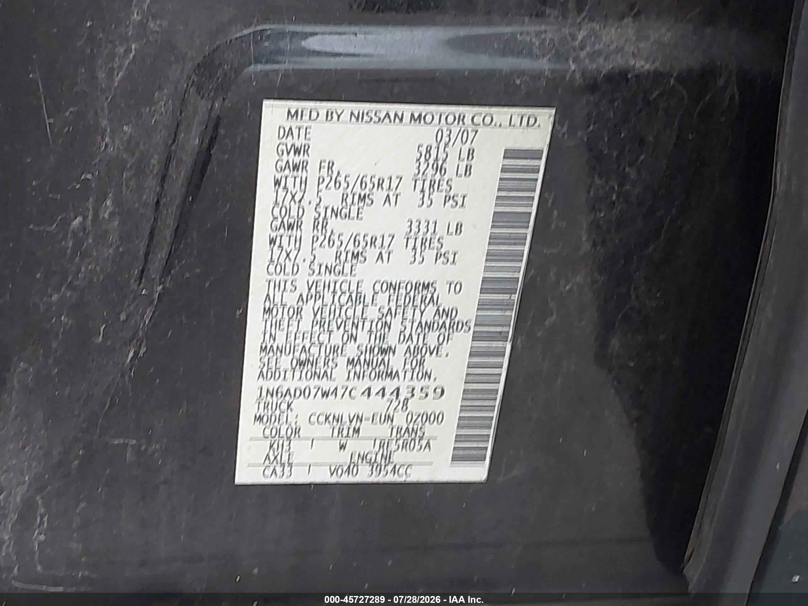 2007 Nissan Frontier Le Black vin: 1N6AD07W47C444359