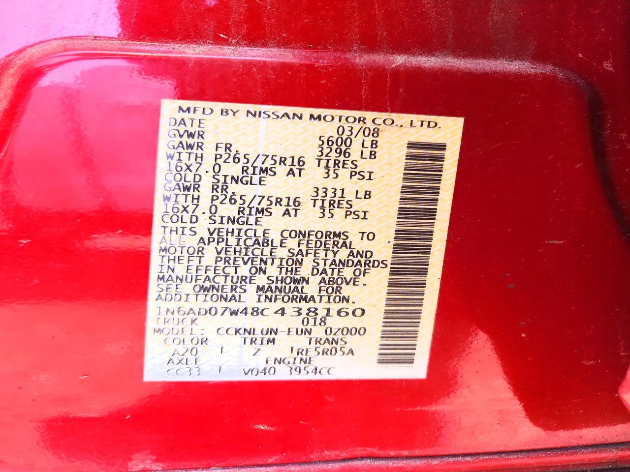 2008 Nissan Frontier Se V6 Красный vin: 1N6AD07W48C438160
