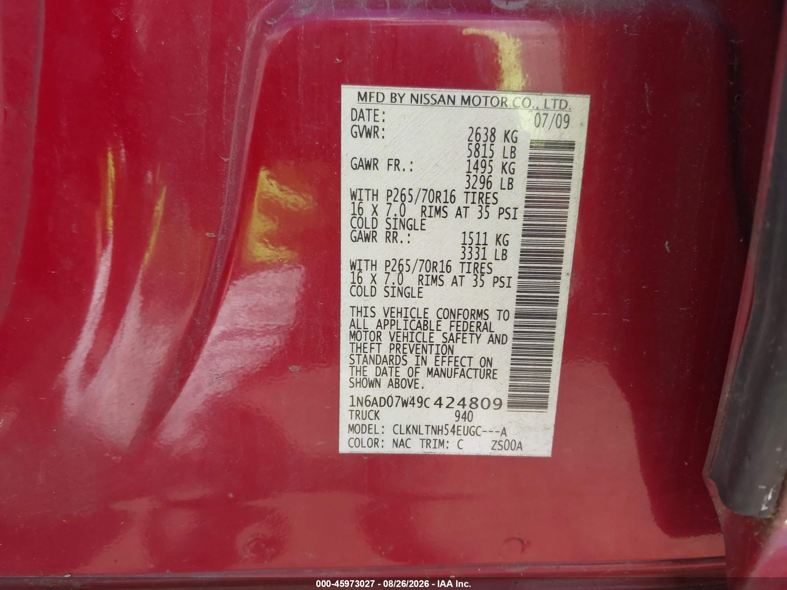 2009 Nissan Frontier Se Red vin: 1N6AD07W49C424809
