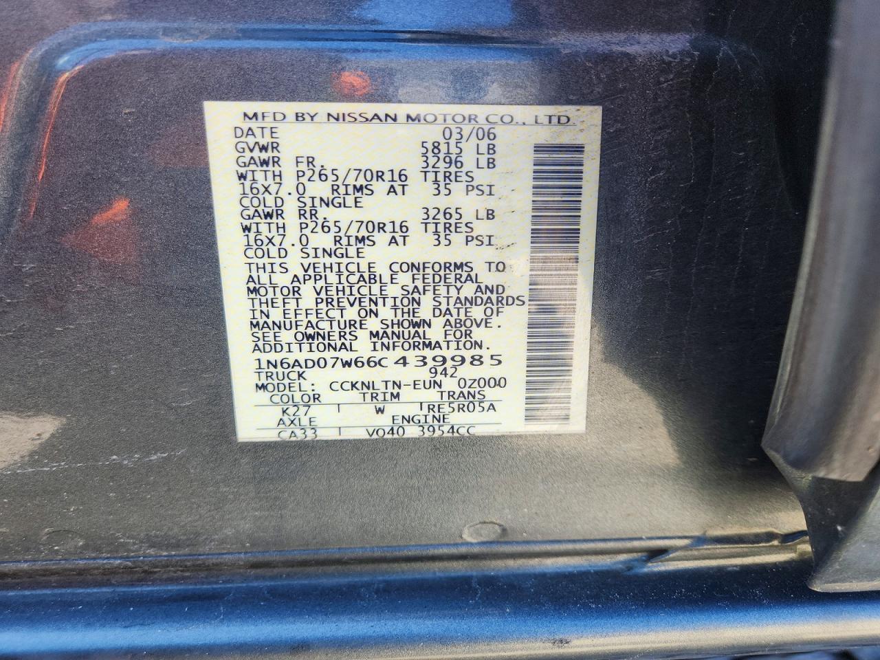 2006 Nissan Frontier Se Gray vin: 1N6AD07W66C439985