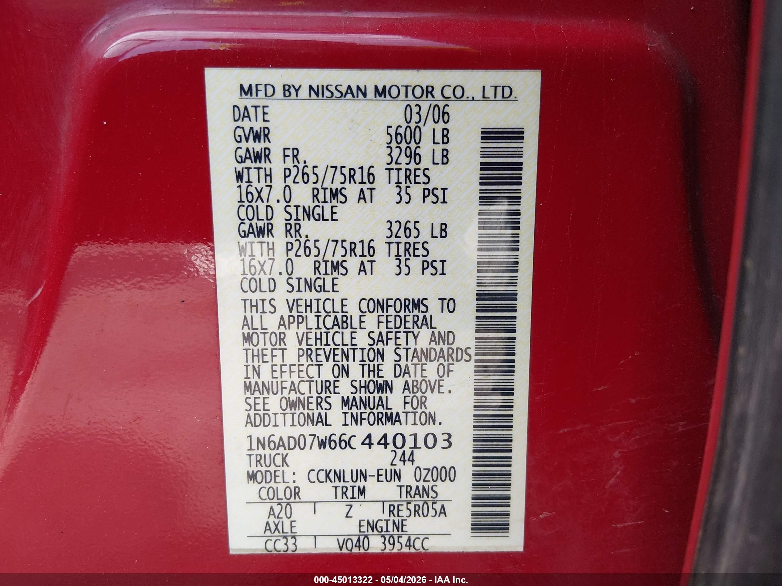 2006 Nissan Frontier Nismo Off Road Red vin: 1N6AD07W66C440103
