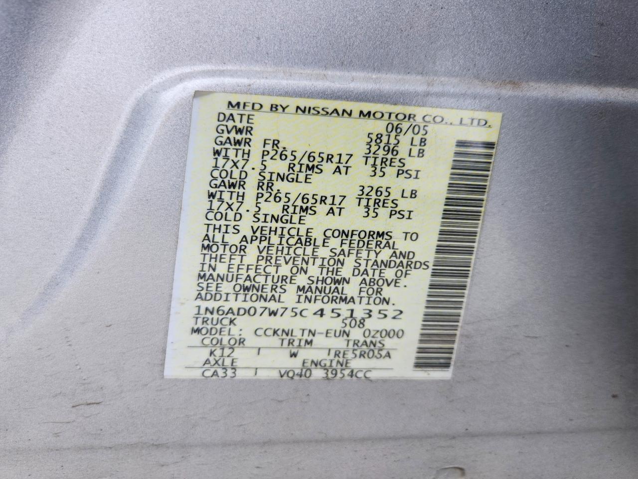 2005 Nissan Frontier Se Two Tone vin: 1N6AD07W75C451352