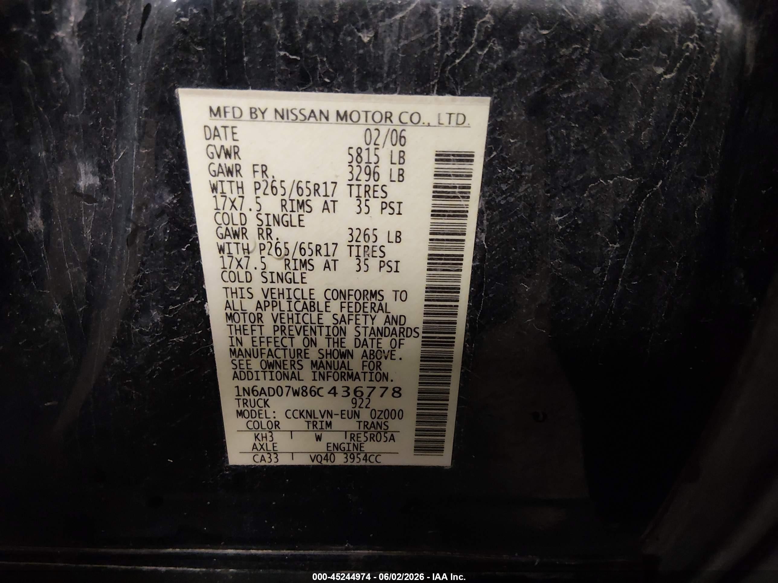 2006 Nissan Frontier Le Черный vin: 1N6AD07W86C436778