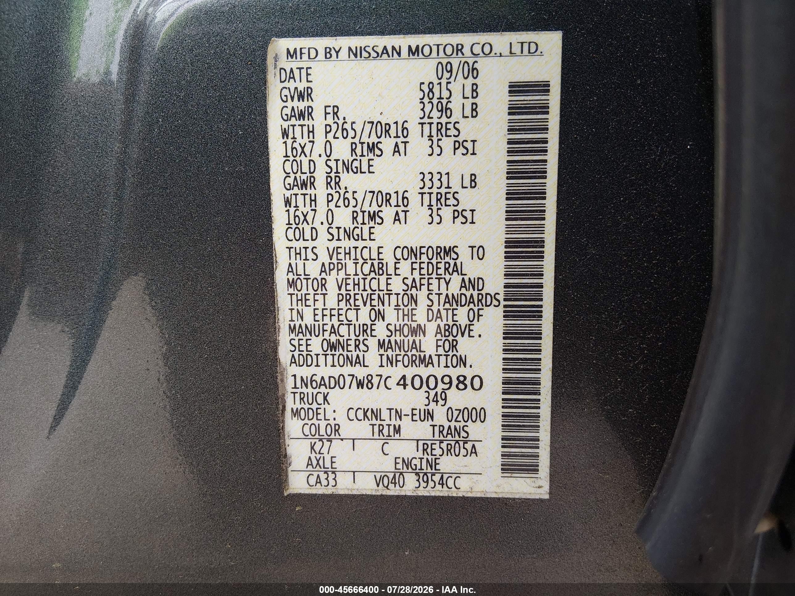 2007 Nissan Frontier Se Gray vin: 1N6AD07W87C400980