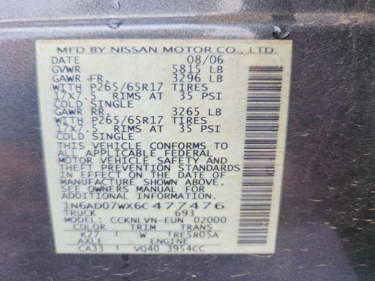 2006 Nissan Frontier Se Gray vin: 1N6AD07WX6C477476