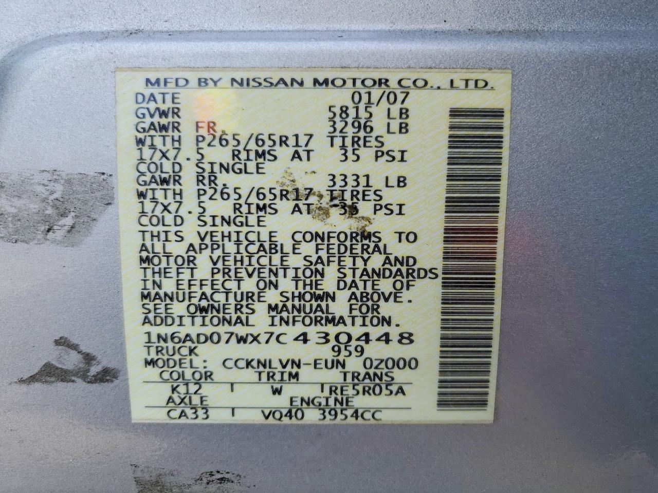 2007 Nissan Frontier Se Silver vin: 1N6AD07WX7C430448
