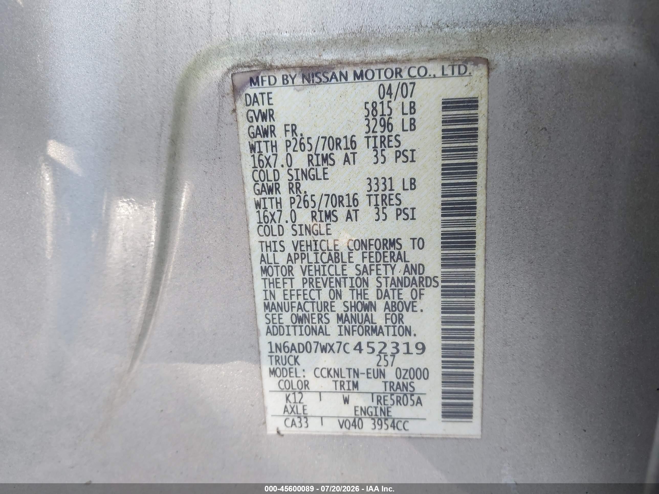 2007 Nissan Frontier Se Silver vin: 1N6AD07WX7C452319