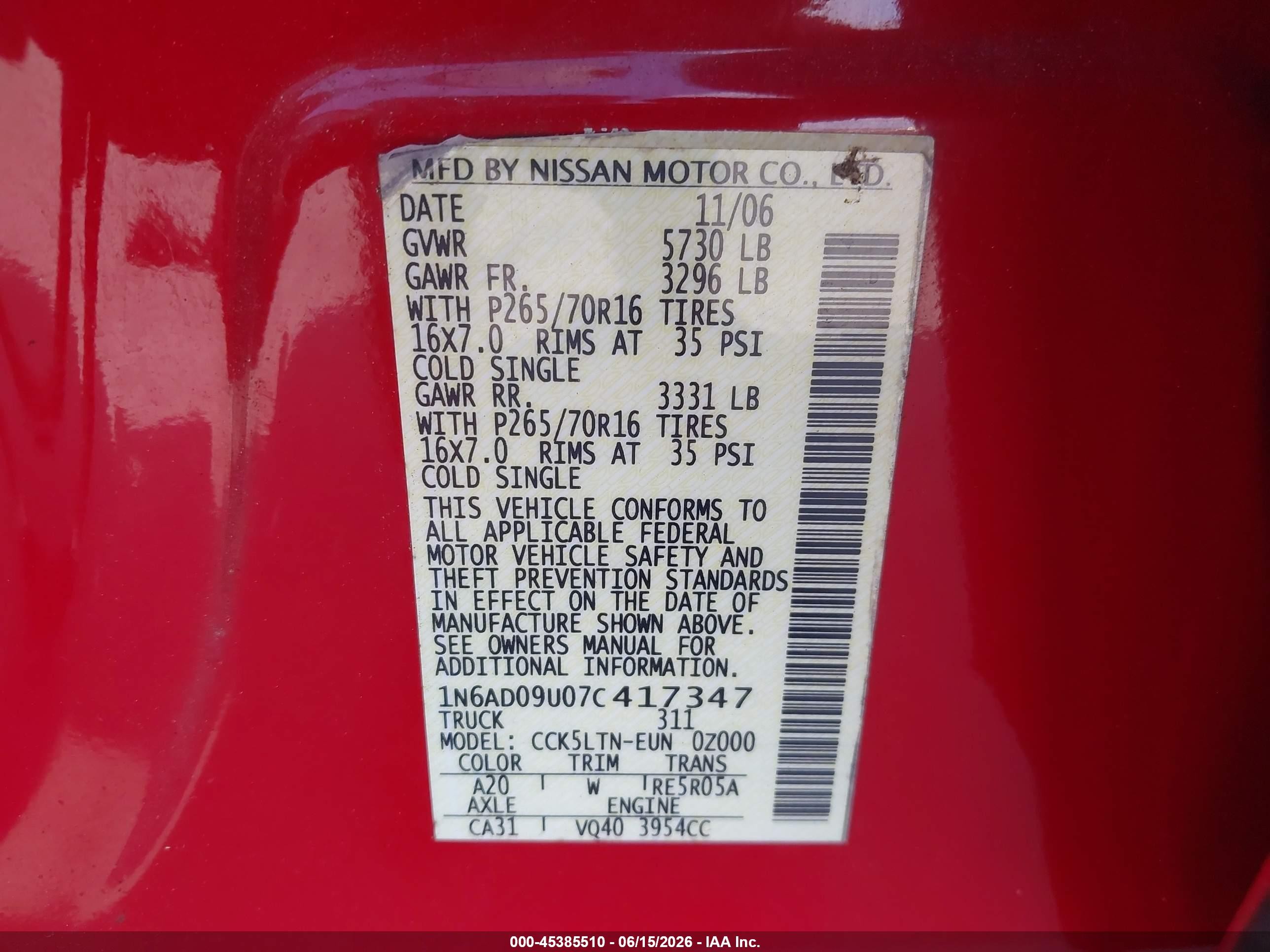 2007 Nissan Frontier Se Red vin: 1N6AD09U07C417347