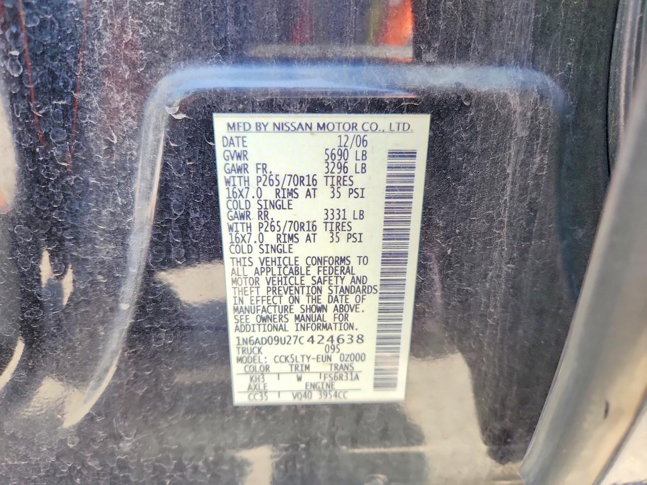 2007 Nissan Frontier Se Черный vin: 1N6AD09U27C424638