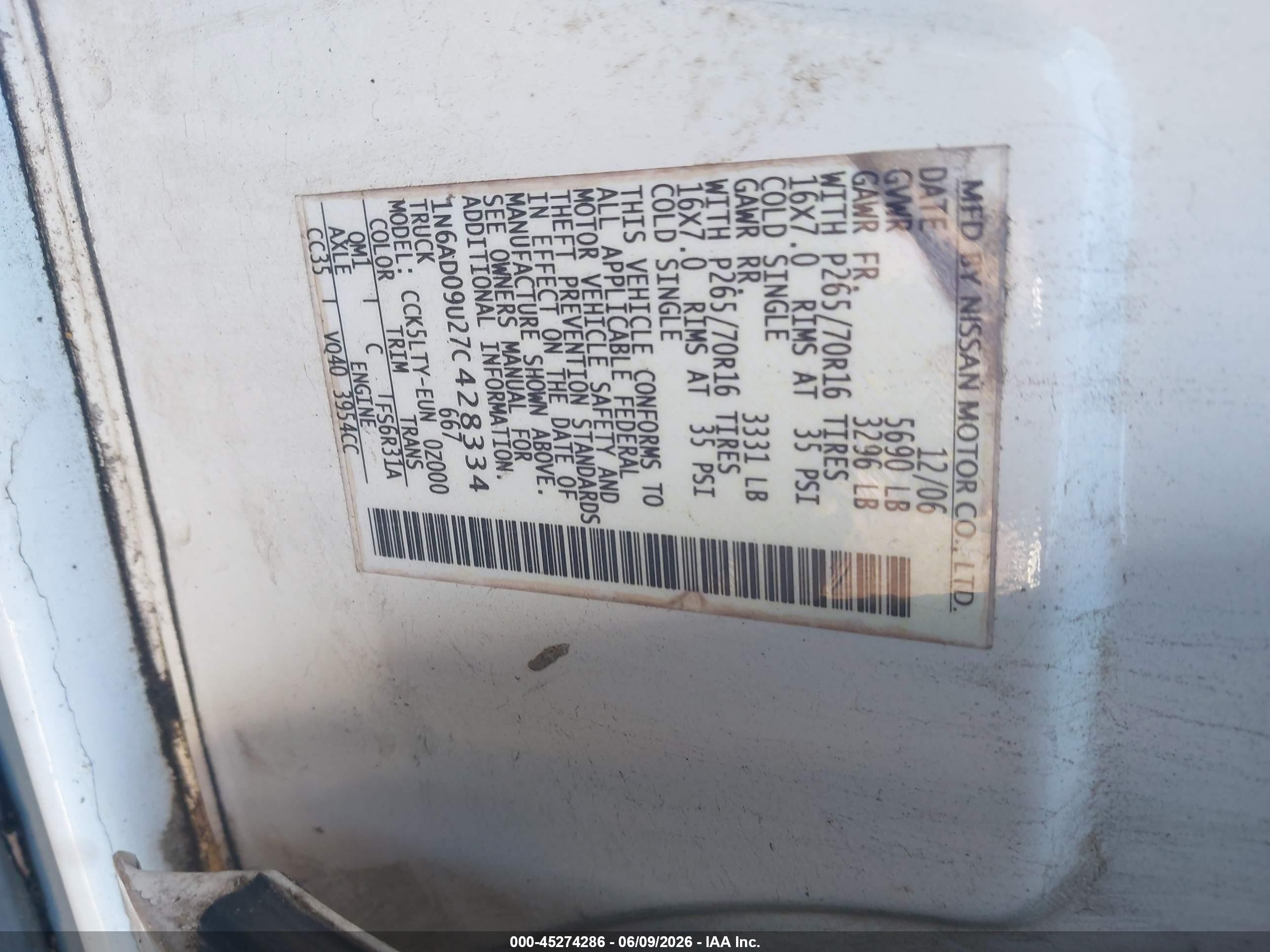 2007 Nissan Frontier Se White vin: 1N6AD09U27C428334