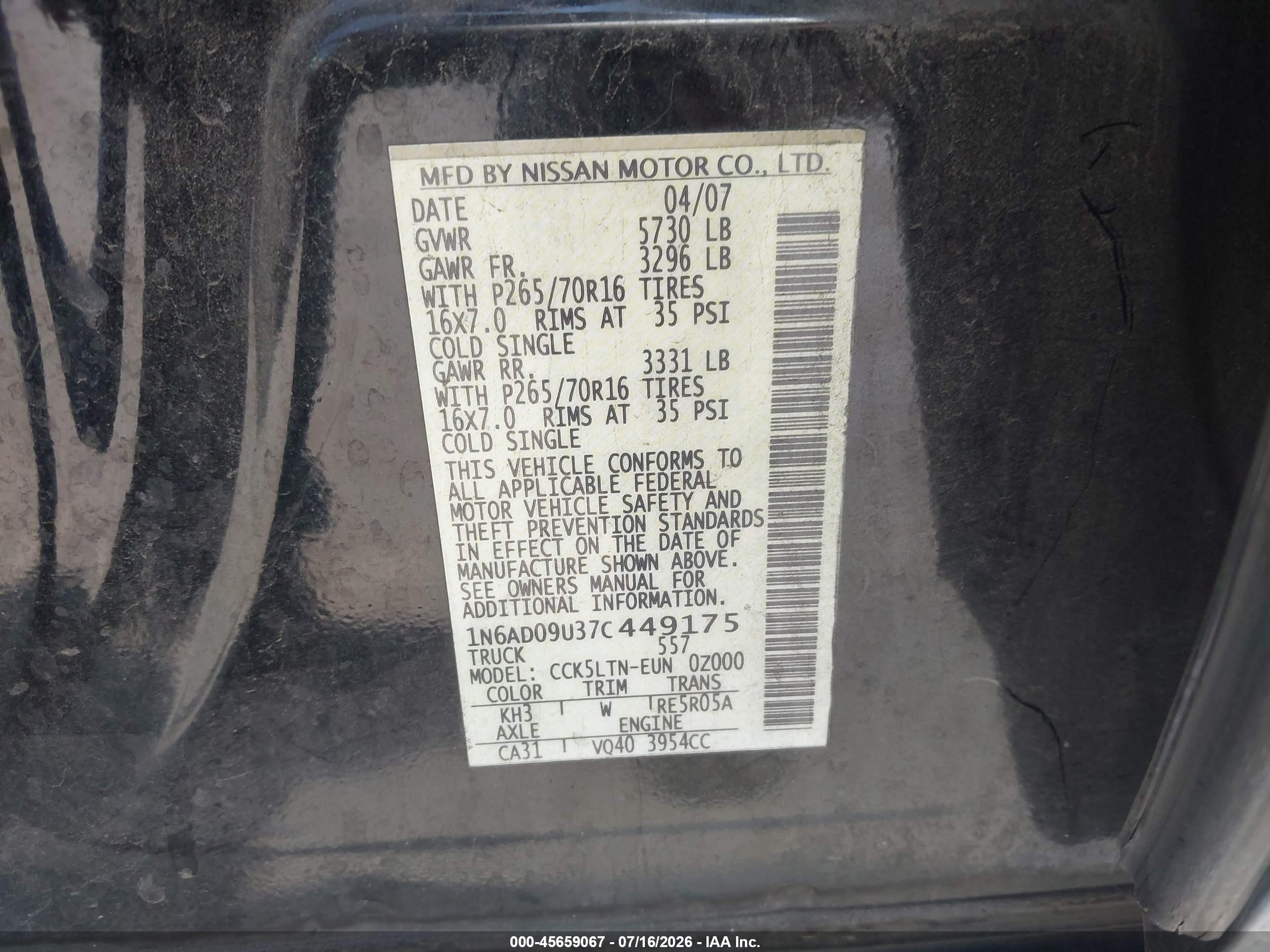 2007 Nissan Frontier Se Black vin: 1N6AD09U37C449175