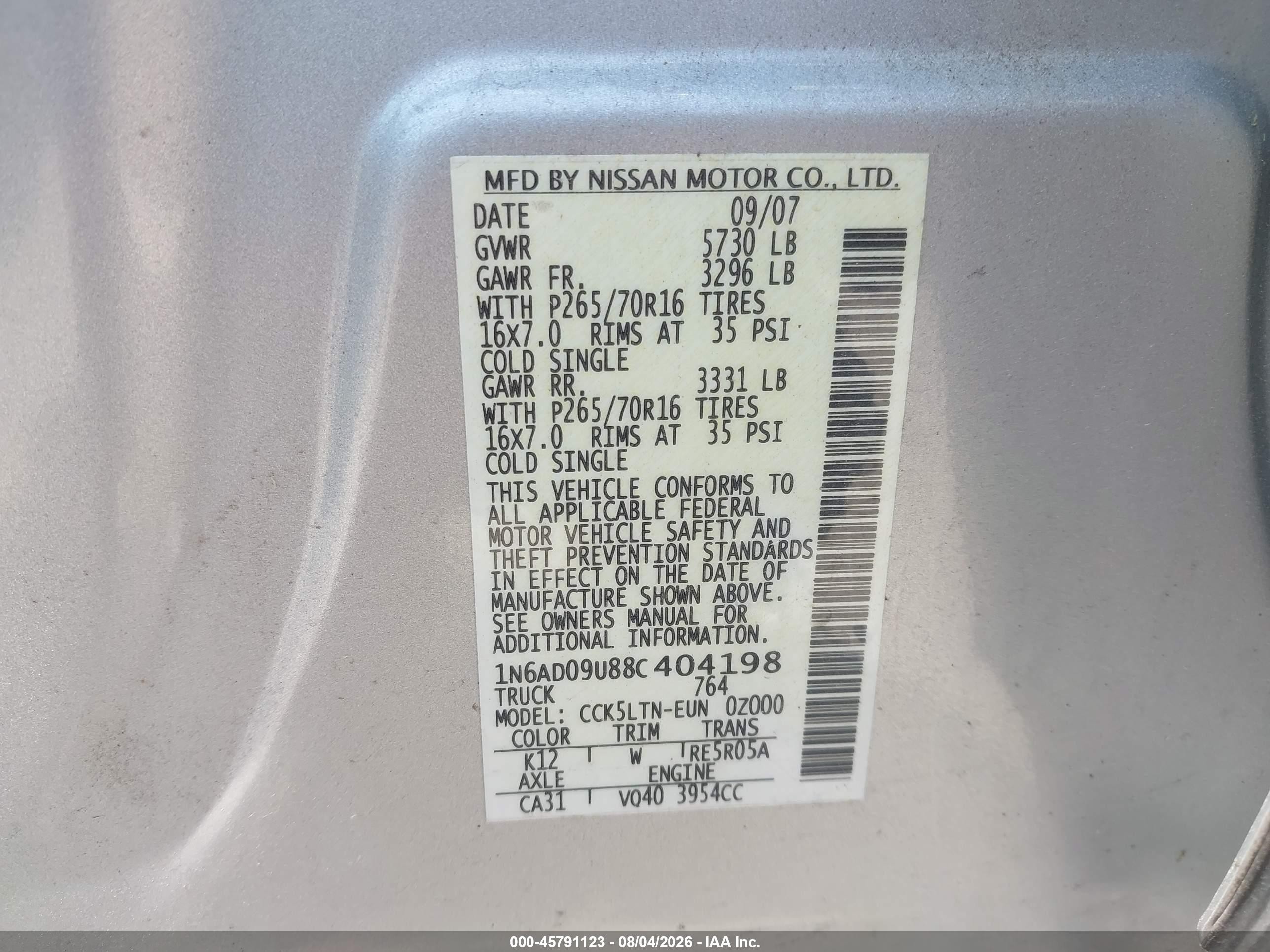 2008 Nissan Frontier Se Silver vin: 1N6AD09U88C404198