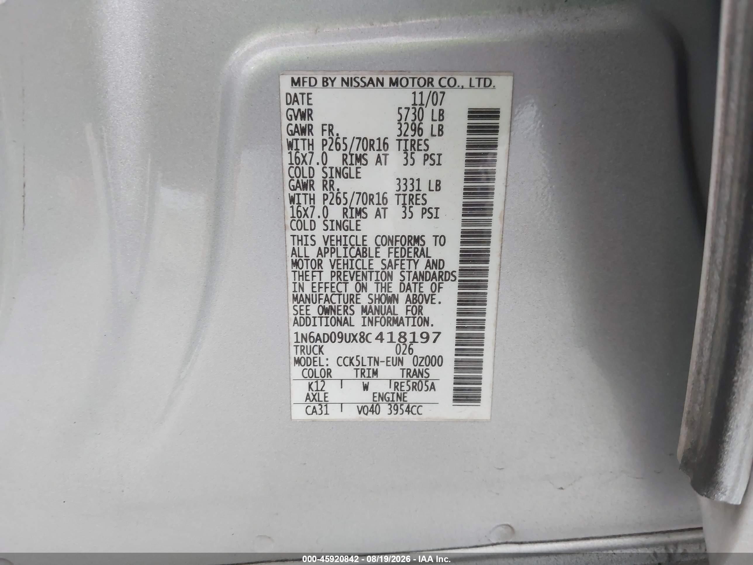 2008 Nissan Frontier Se Silver vin: 1N6AD09UX8C418197