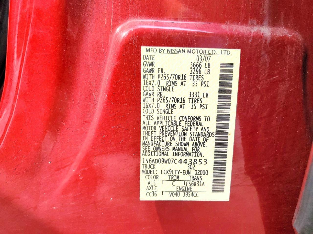 2007 Nissan Frontier Se Red vin: 1N6AD09W07C443853