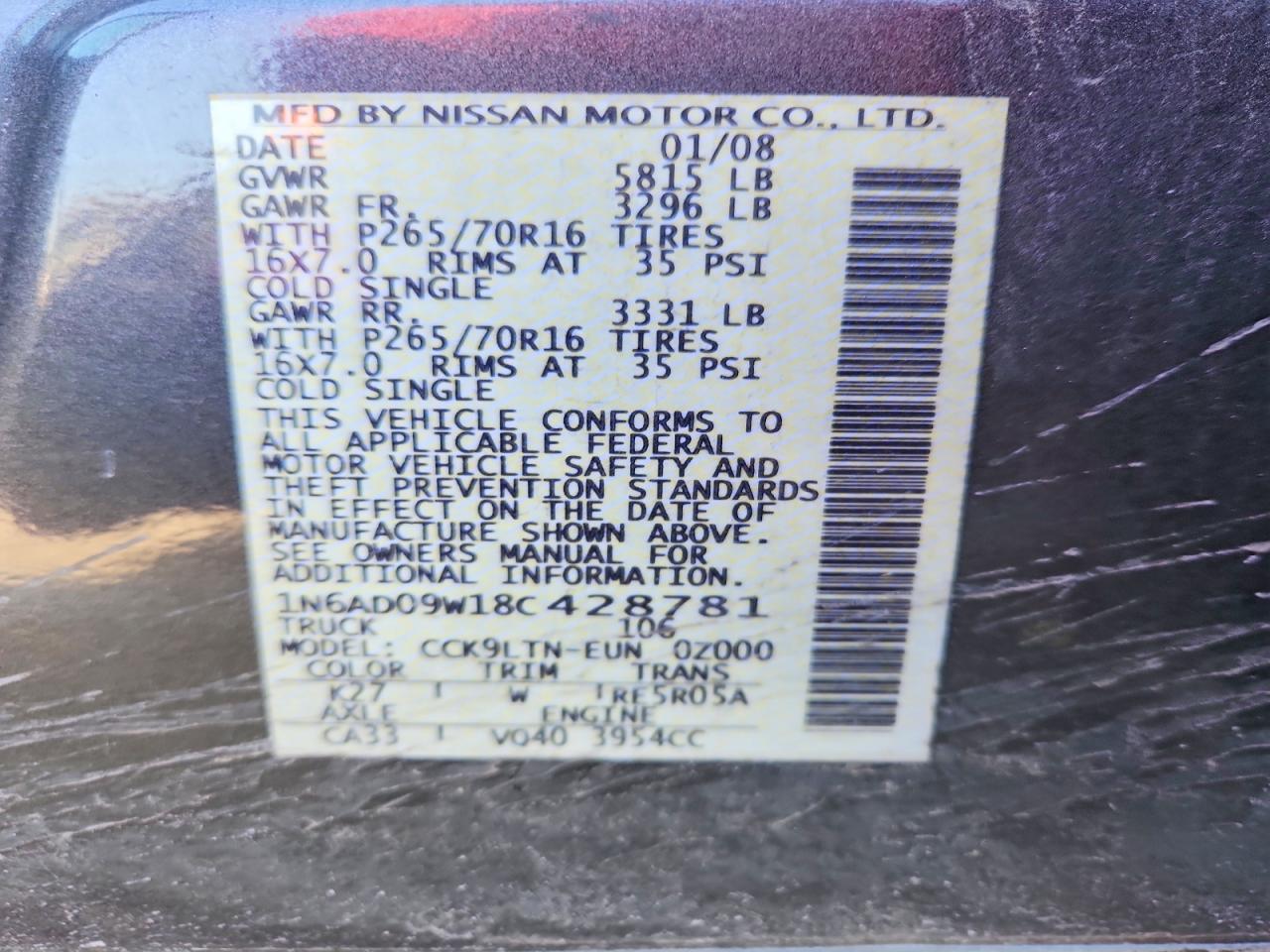 2008 Niss Frontier Se-v6 Gray vin: 1N6AD09W18C428781