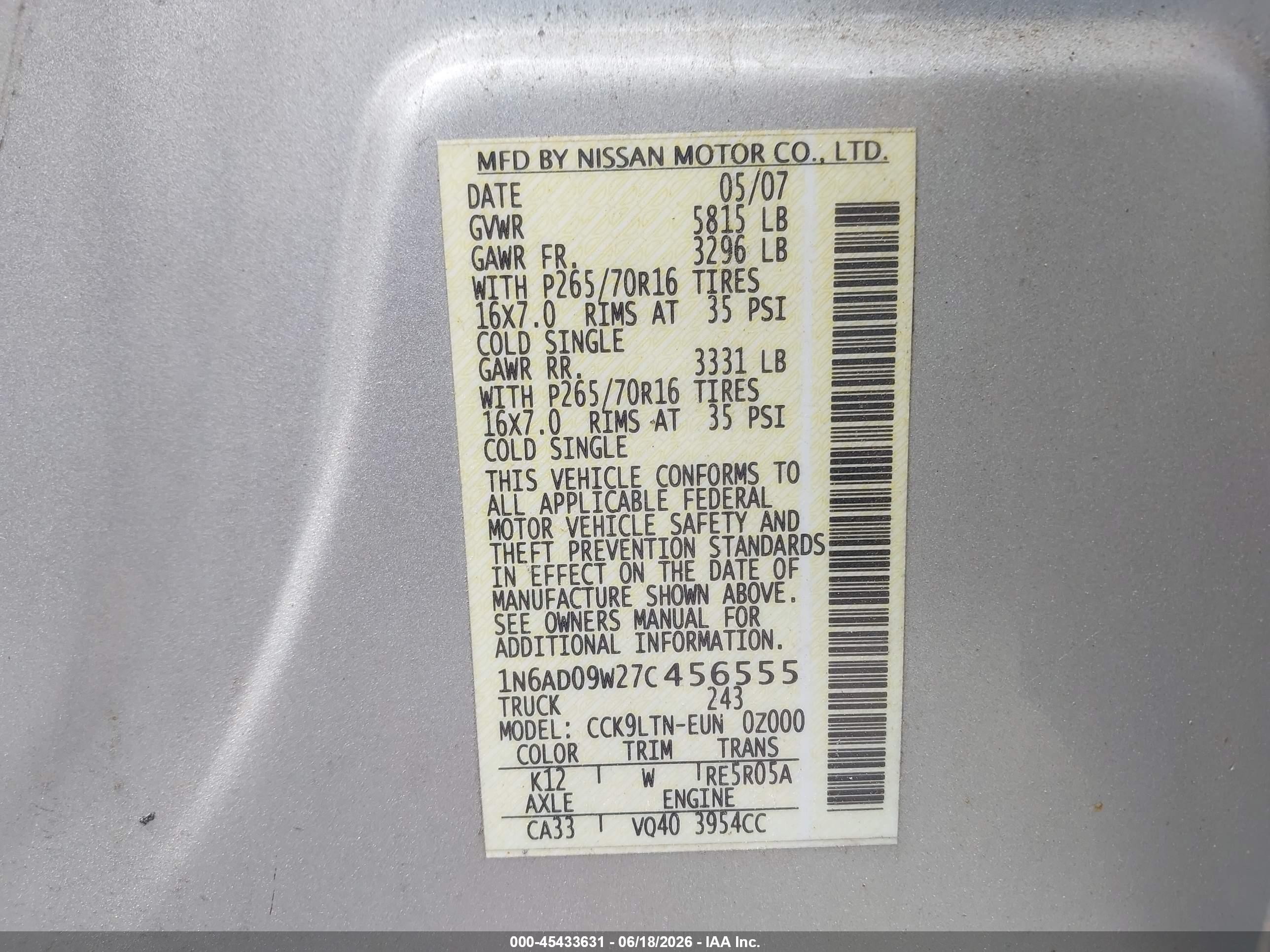 2007 Nissan Frontier Se Silver vin: 1N6AD09W27C456555