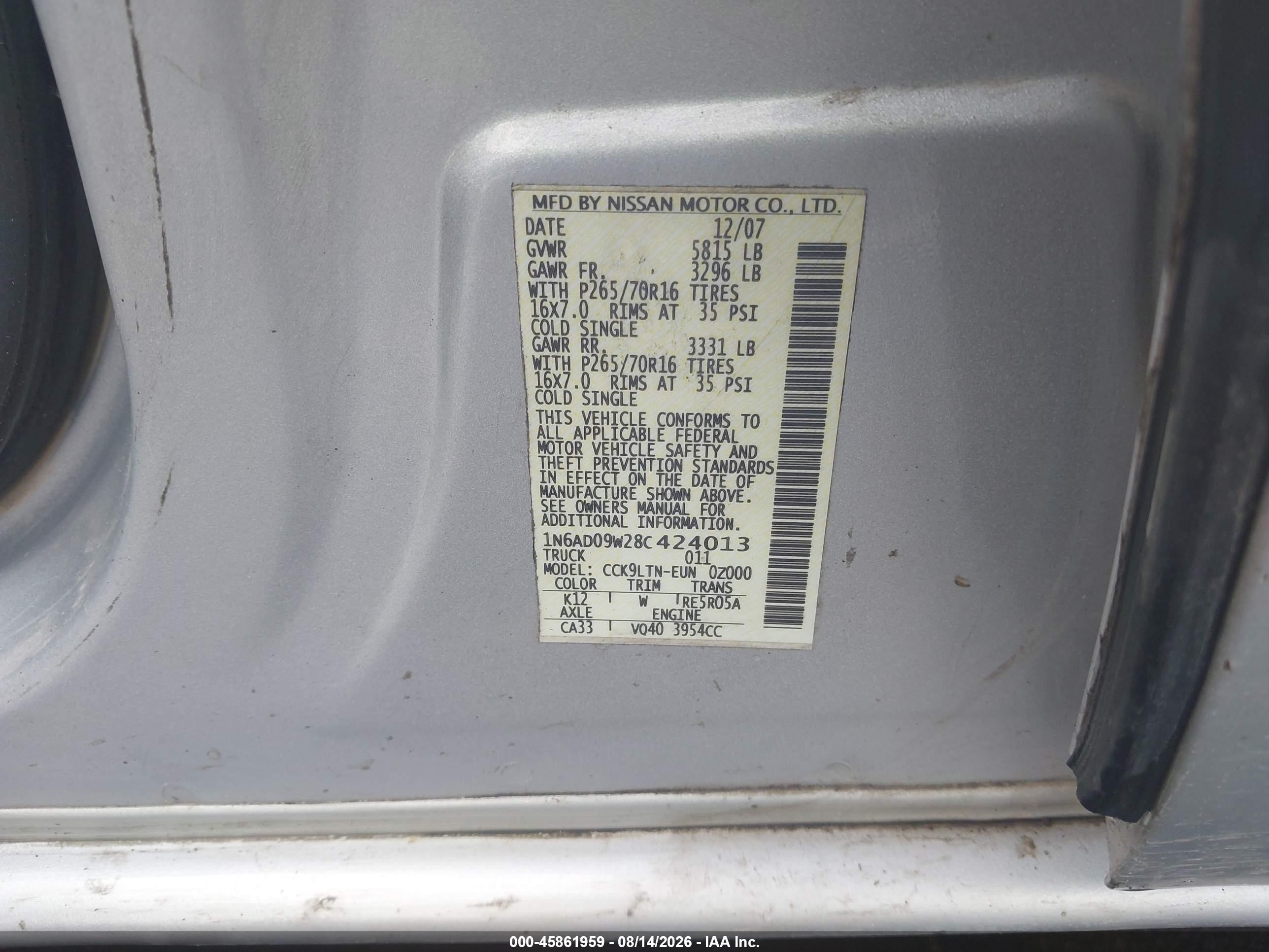 2008 Nissan Frontier Se Silver vin: 1N6AD09W28C424013