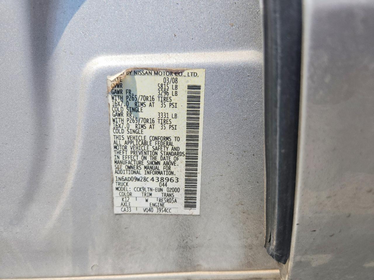 2008 Nissan Frontier Se V6 Silver vin: 1N6AD09W28C438963