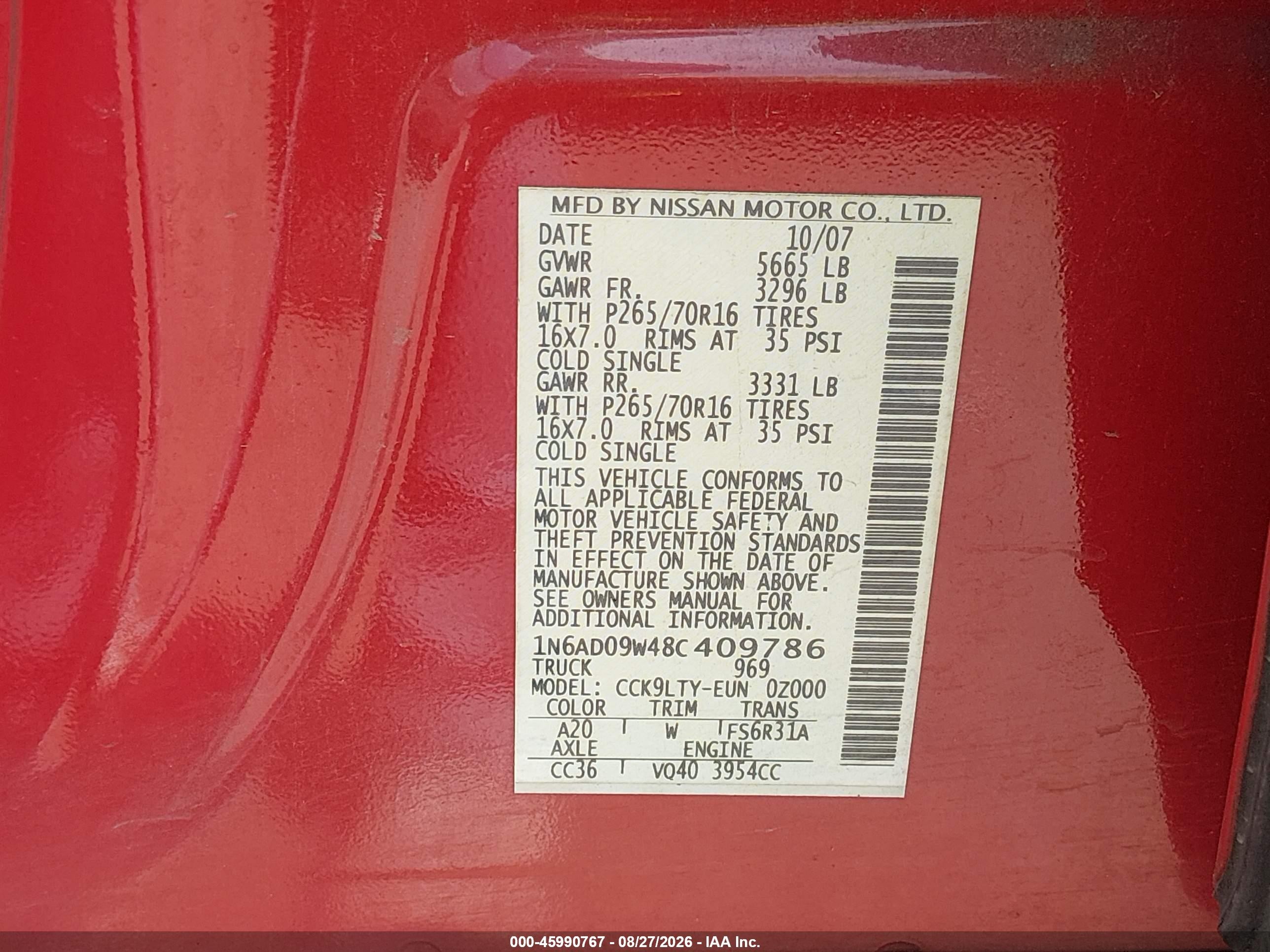 2008 Nissan Frontier Se Red vin: 1N6AD09W48C409786