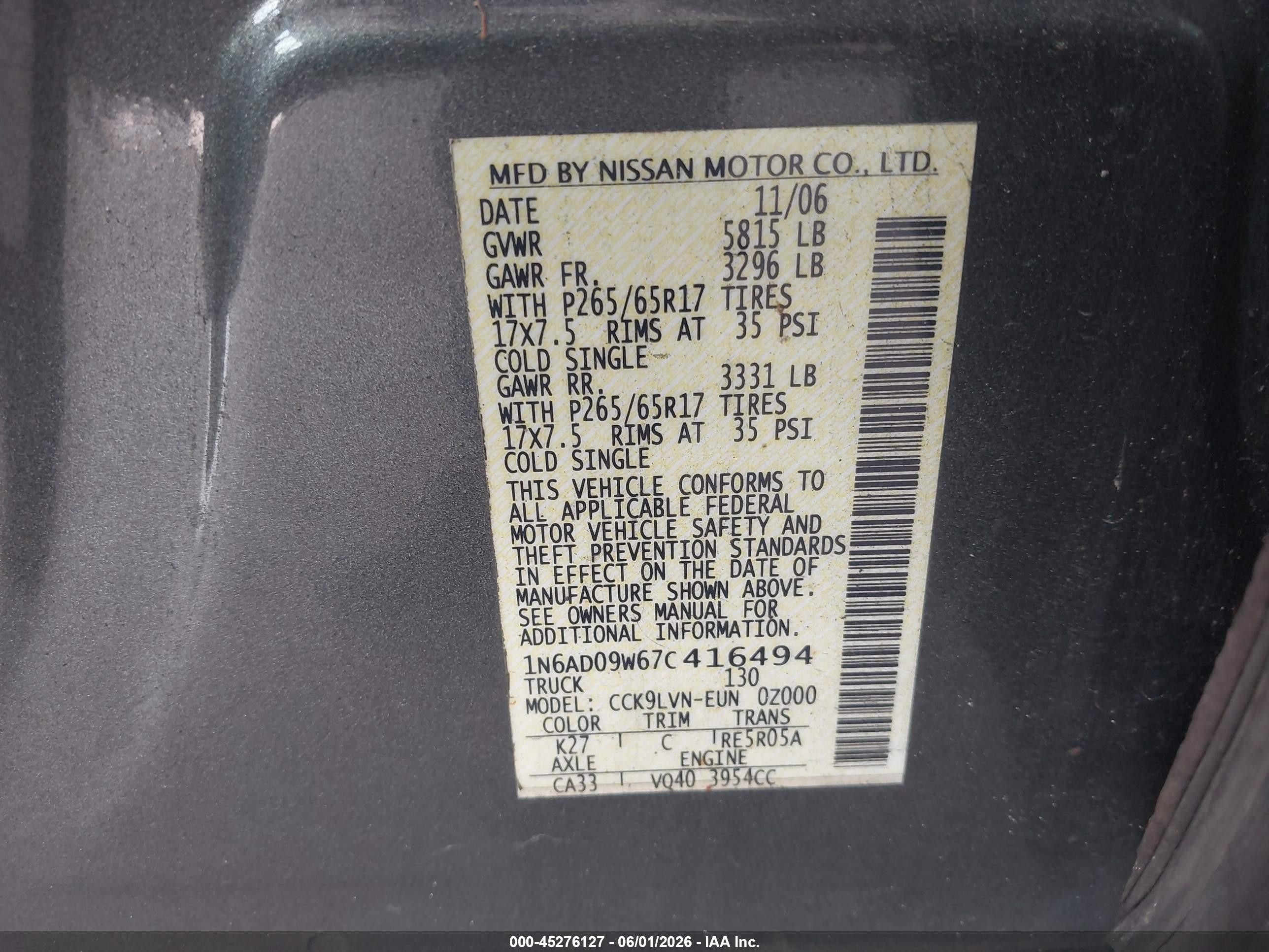 2007 Nissan Frontier Le Gray vin: 1N6AD09W67C416494