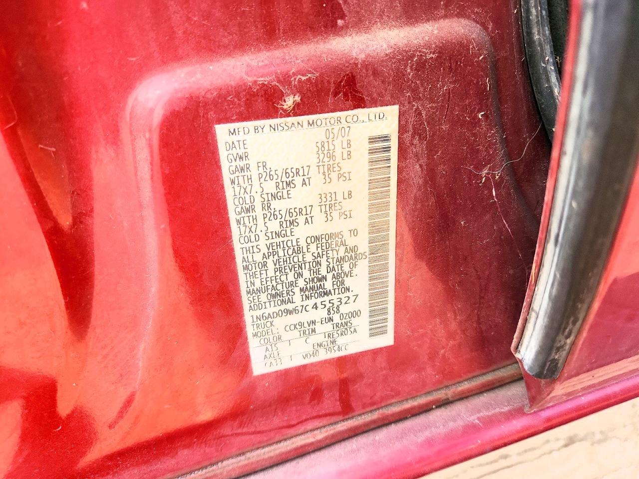 2007 Nissan Frontier Se Темно-бордовый vin: 1N6AD09W67C455327
