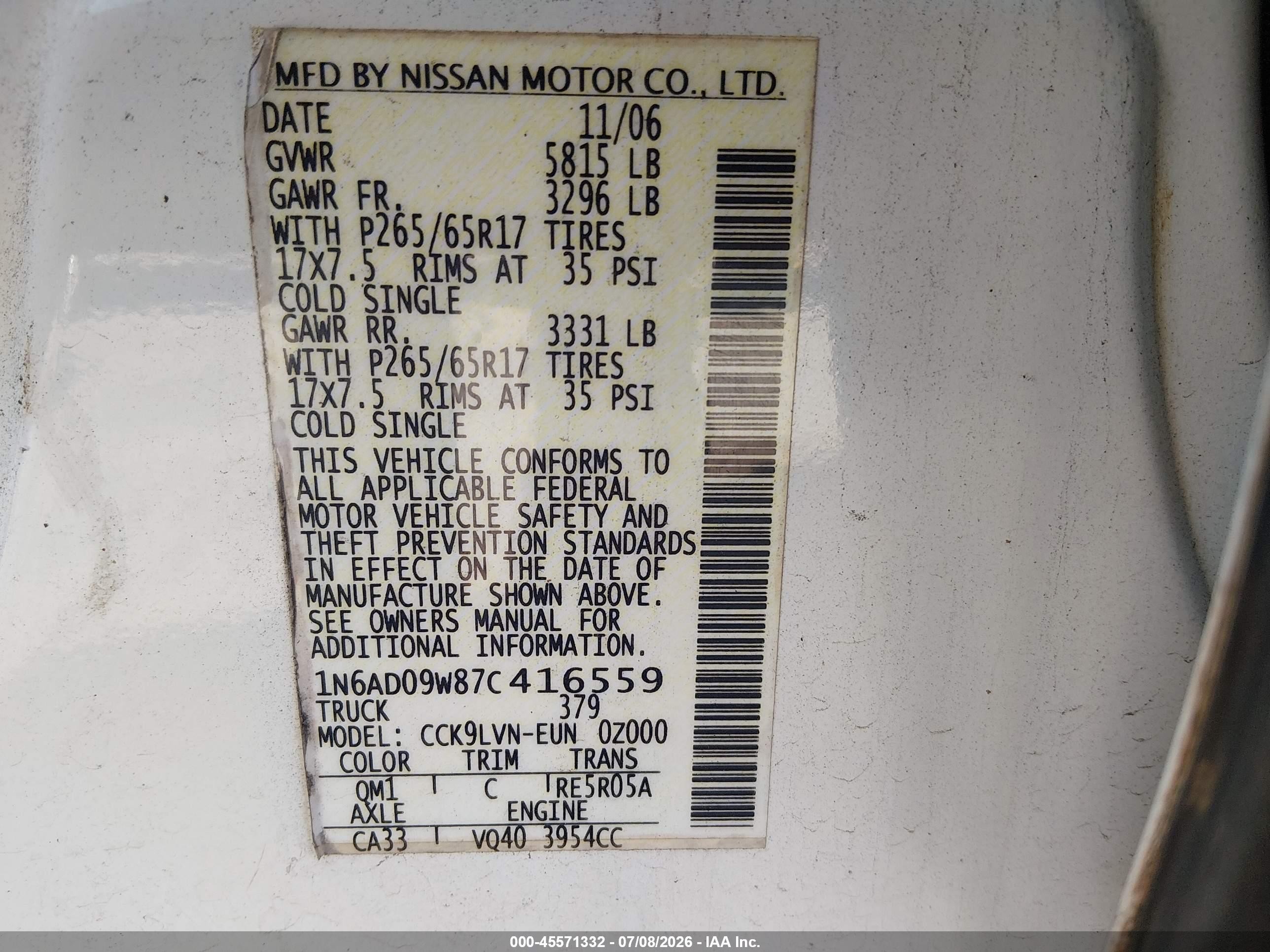 2007 Nissan Frontier Le White vin: 1N6AD09W87C416559