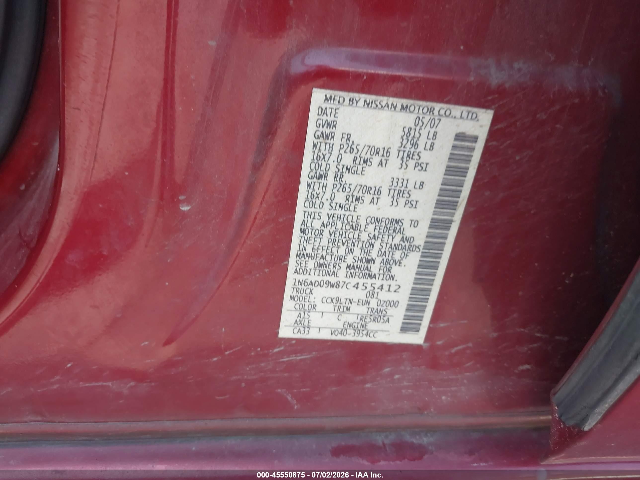 2007 Nissan Frontier Se Red vin: 1N6AD09W87C455412
