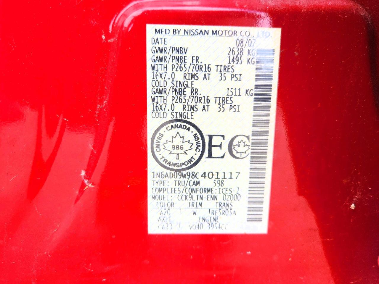 2008 Nissan Frontier Se V6 Red vin: 1N6AD09W98C401117