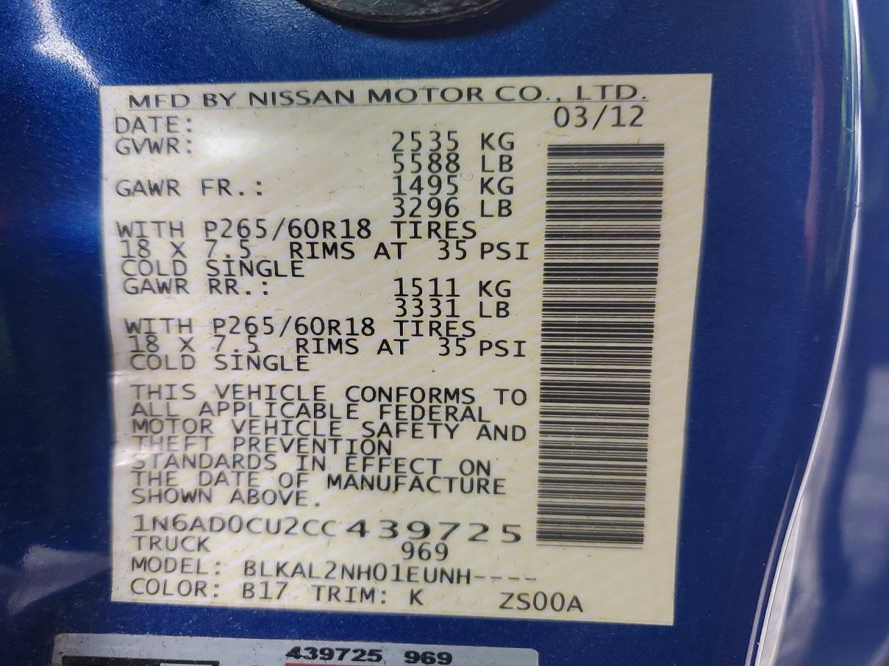 2012 Nissan Frontier Sv V6 Blue vin: 1N6AD0CU2CC439725