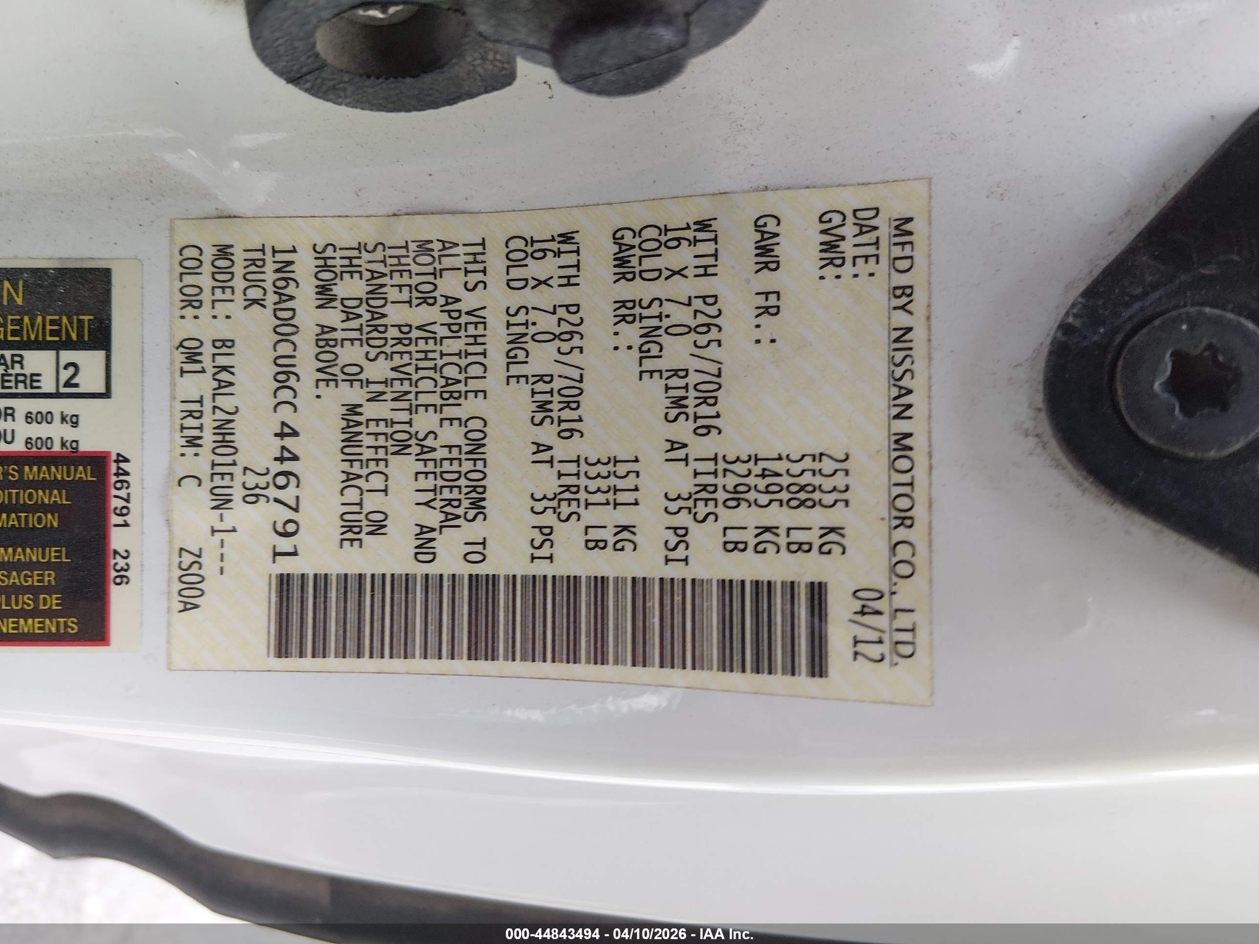 2012 Nissan Frontier Sv White vin: 1N6AD0CU6CC446791