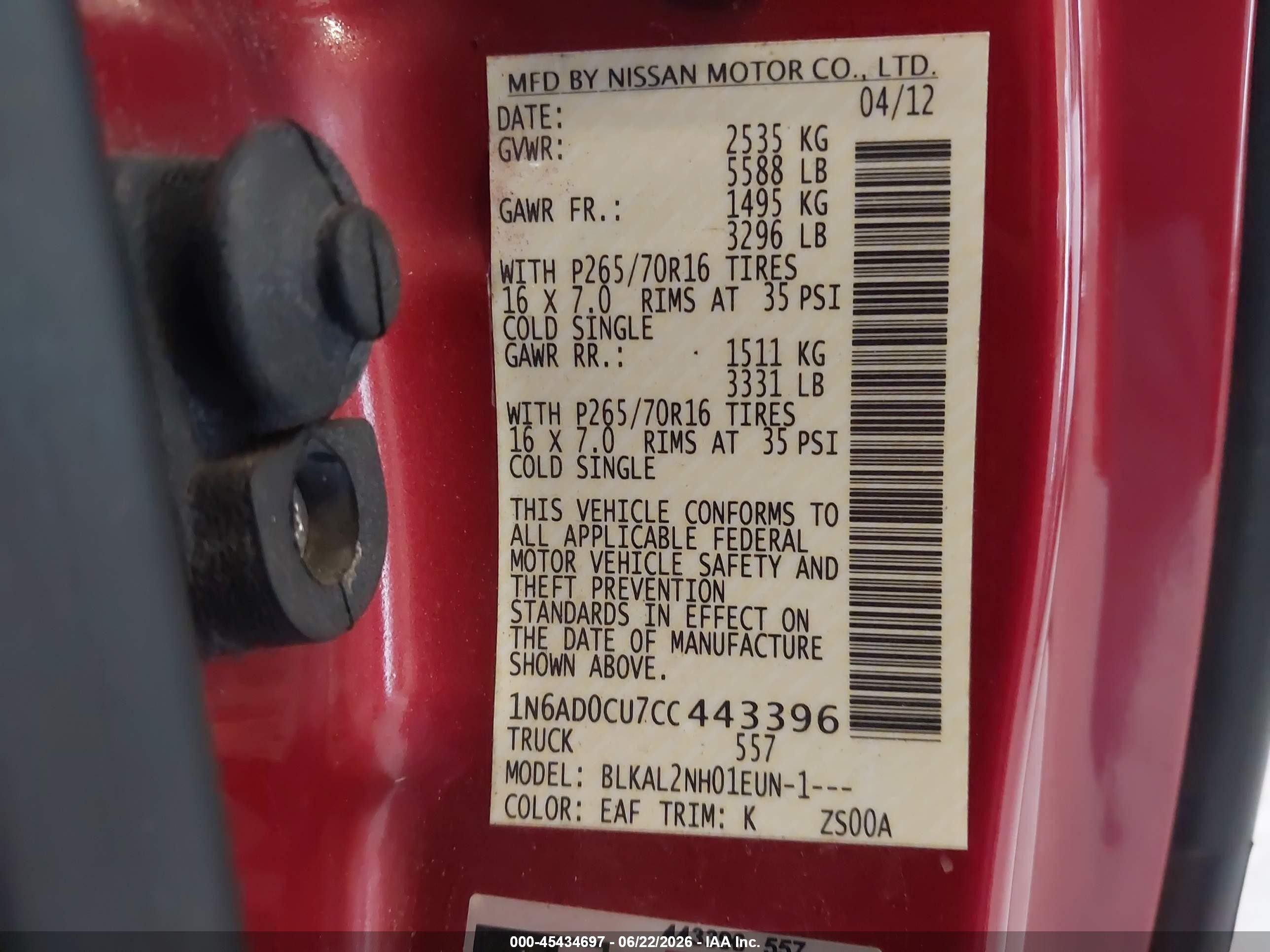2012 Nissan Frontier Sv Red vin: 1N6AD0CU7CC443396