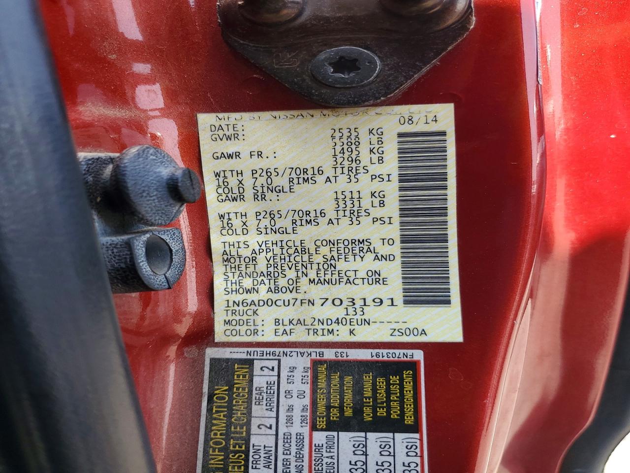 2015 Nissan Frontier Sv V6 Red vin: 1N6AD0CU7FN703191