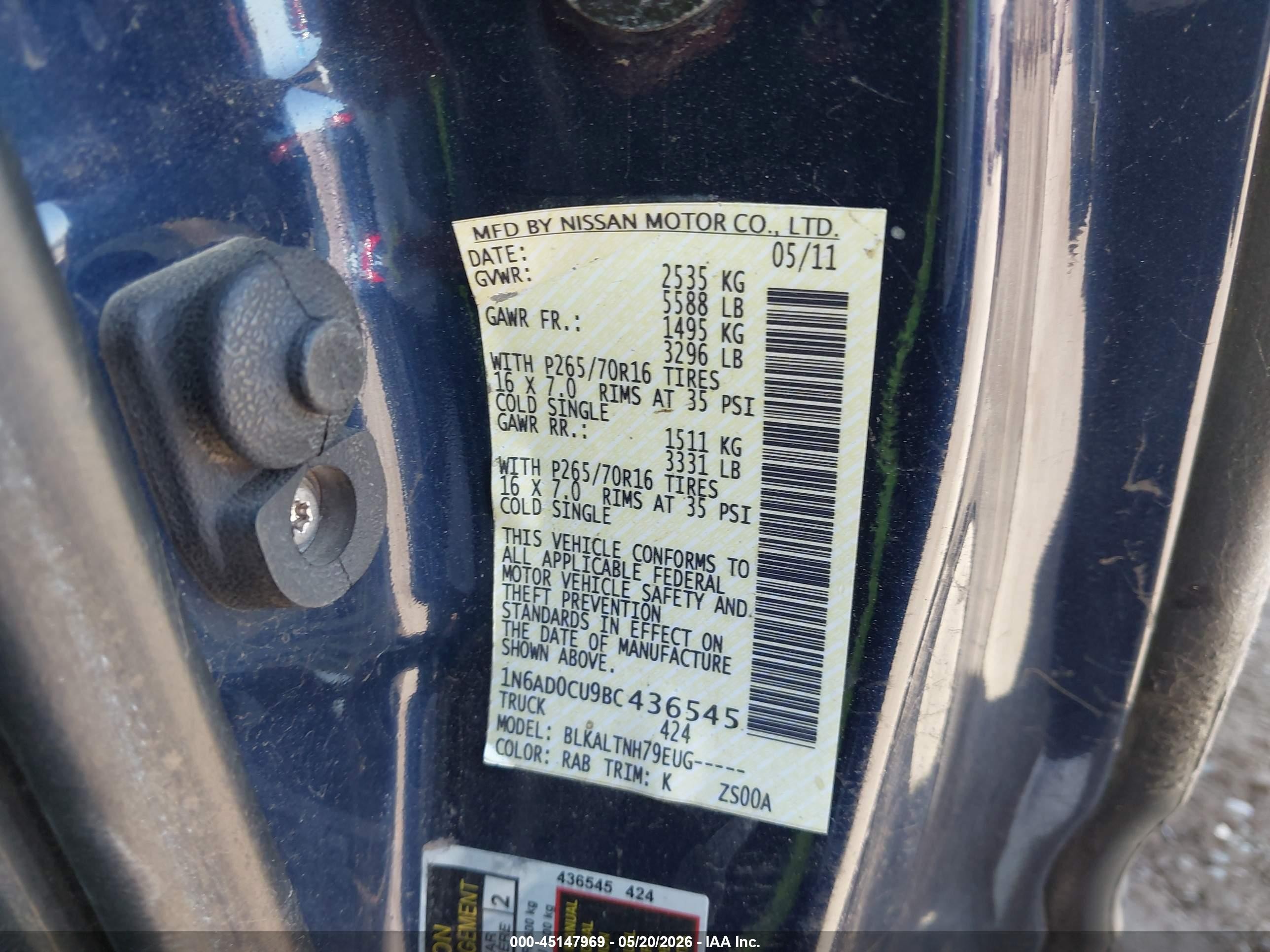 2011 Nissan Frontier Sv Blue vin: 1N6AD0CU9BC436545