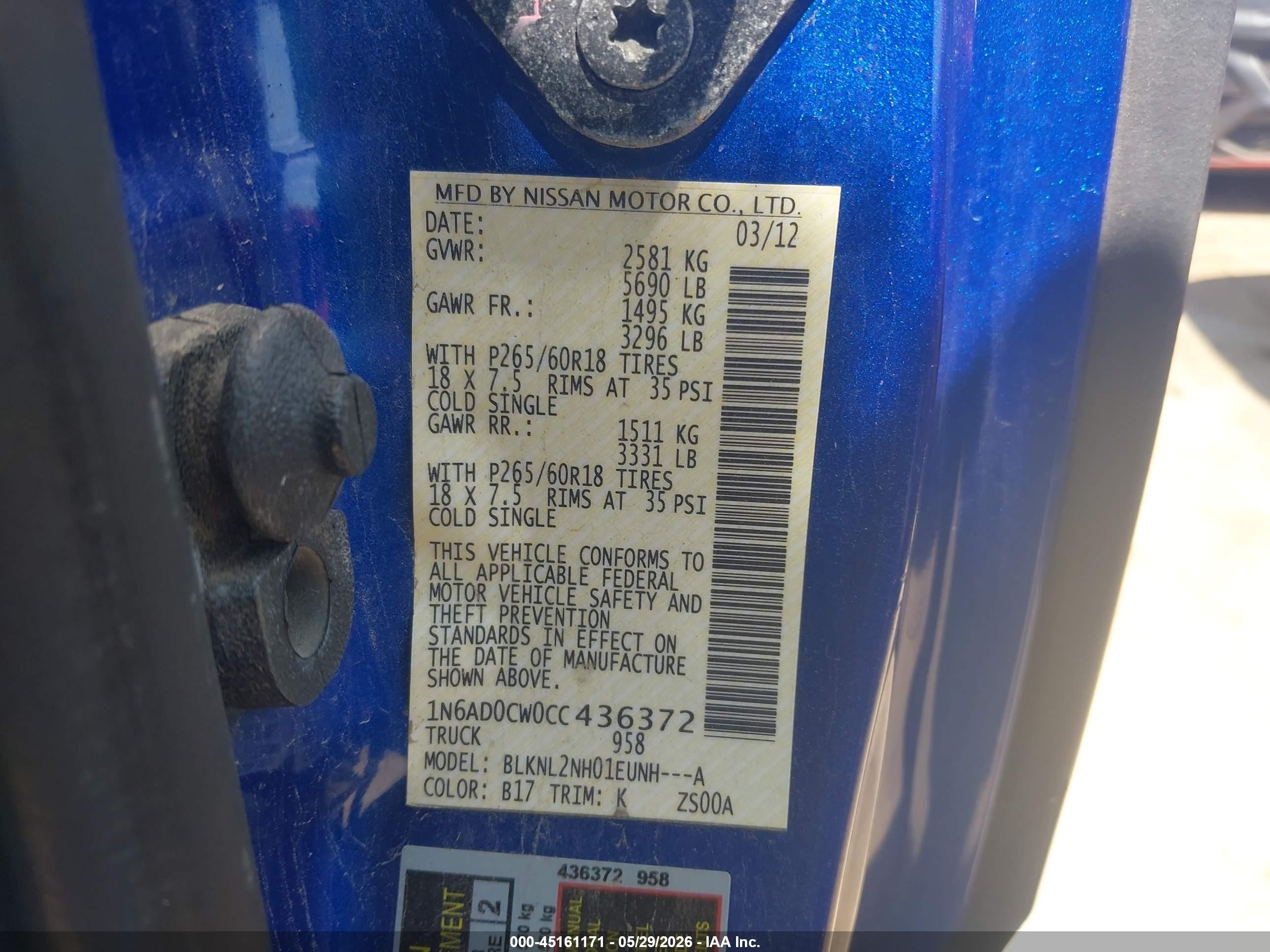 2012 Nissan Frontier Sv Blue vin: 1N6AD0CW0CC436372